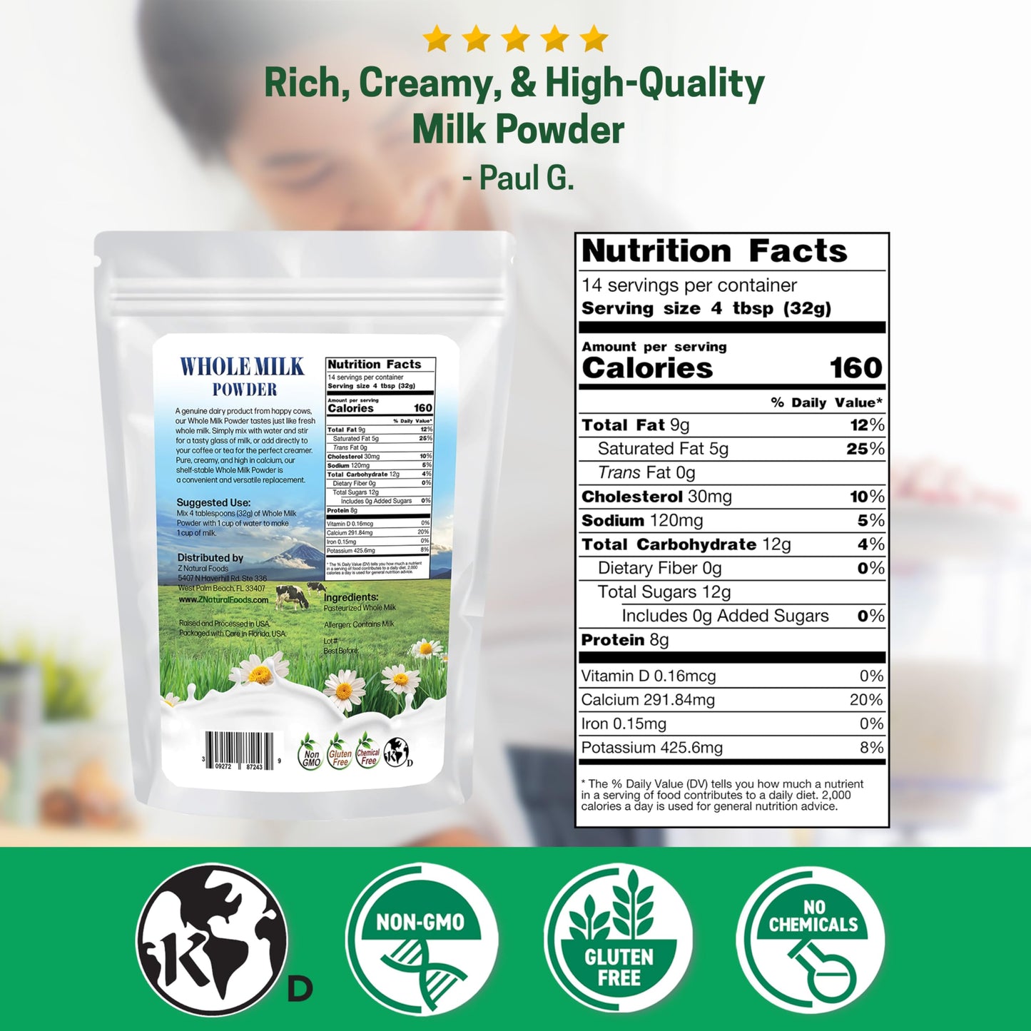 Z Natural Foods Whole Milk Powder - Non-GMO, Gluten-Free, Kosher - 16 Ounce