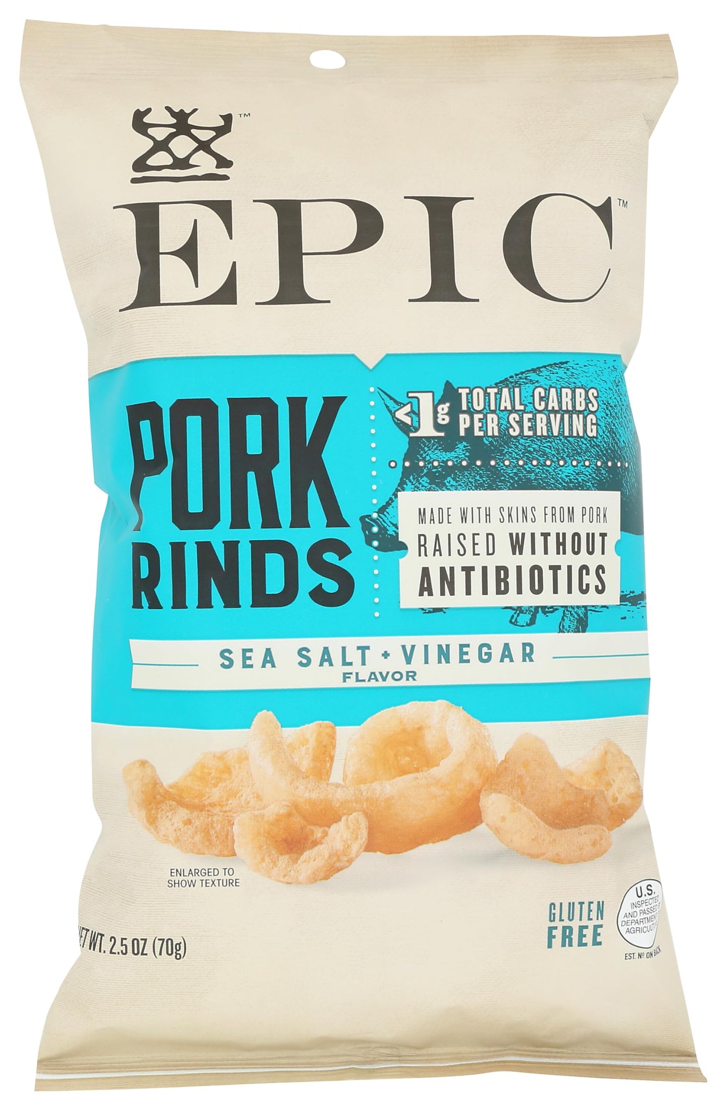 EPIC Sea Salt & Vinegar Pork Rinds, Keto Friendly, 2.5 oz, Oven Baked, Pack of 1