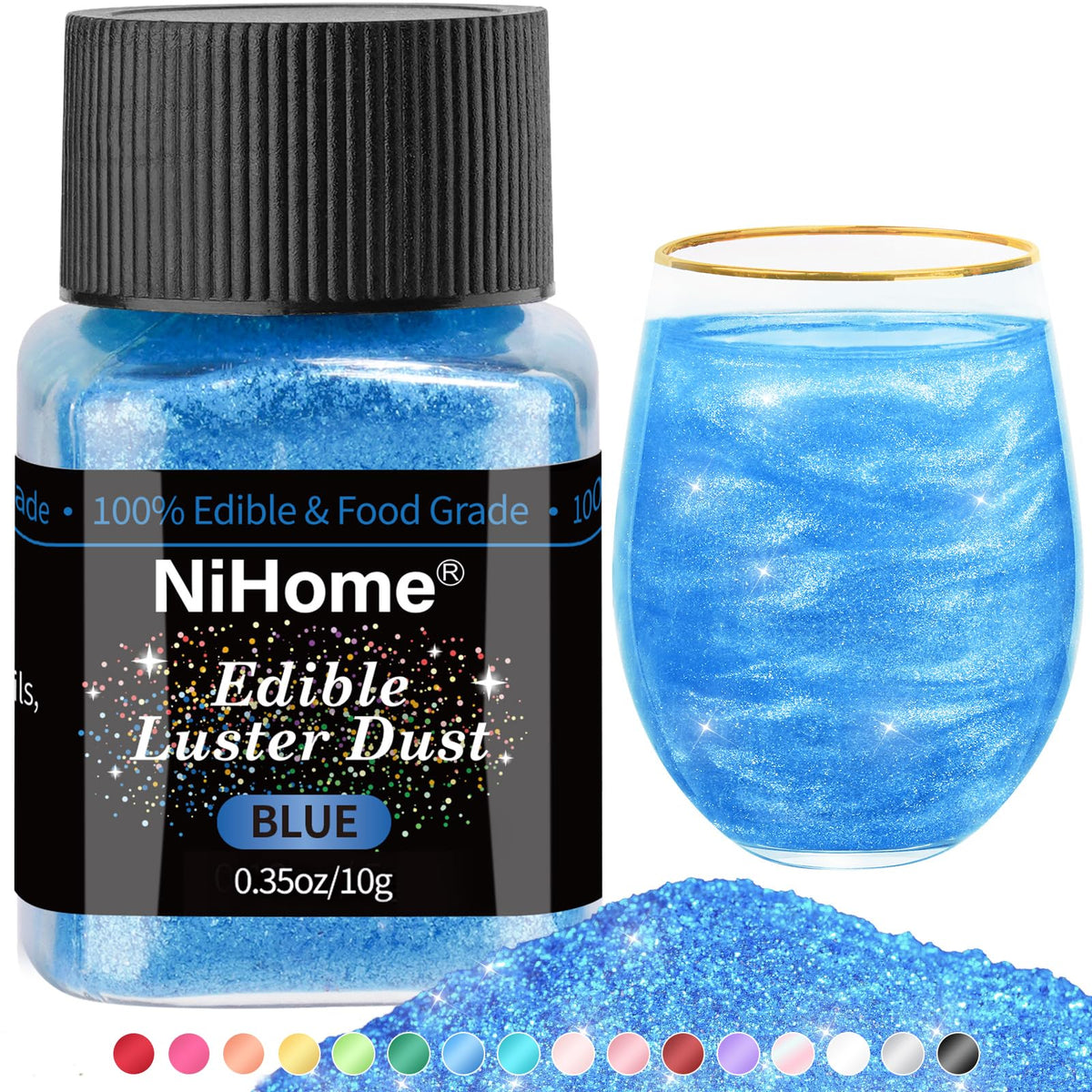 Nihome Edible Food-Grade Glitter Powder Glimmer Luster Dust Metallic Fancy Food Decorating Sprinkle Glimmery Dust For Drink Wine Beverage Cake Bakery Vegan Allergen-Free (Blue, 0.35Oz/10G)