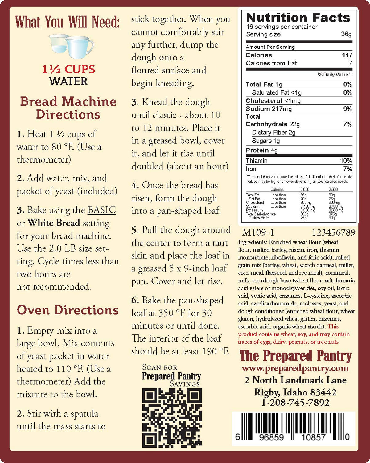 The Prepared Pantry New England Rustic Sourdough Bread Mix; Single Pack; For Bread Machine or Oven