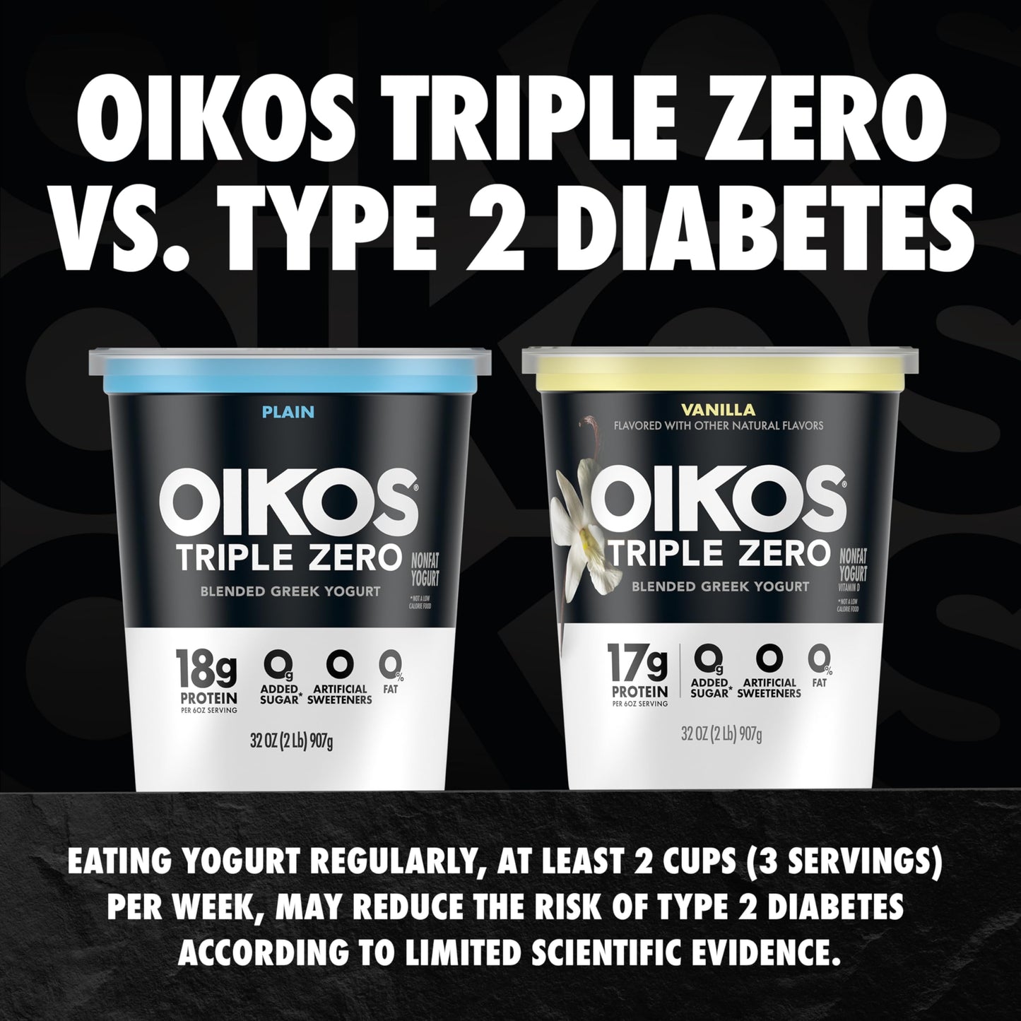 Oikos Triple Zero Vanilla Nonfat Greek Yogurt Tub, 0% Fat, 0g Added Sugar and 0 Artificial Sweeteners, Just Delicious High Prote