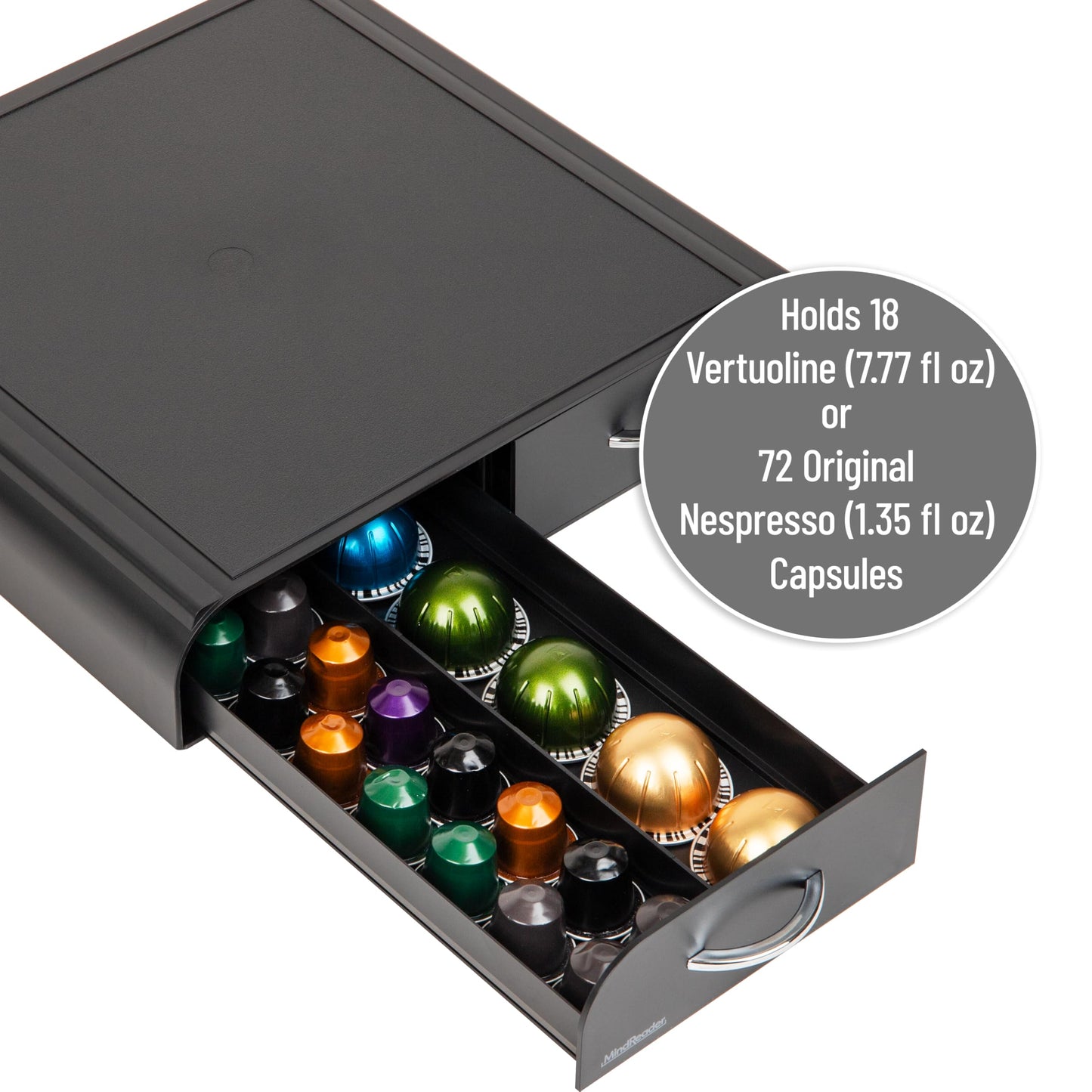 Mind Reader Coffee Pod Organizer - 2 Drawers, Fits 18 Vertuoline or 72 Original Nespresso, Plastic, 13.25L x 12.75W x 2.