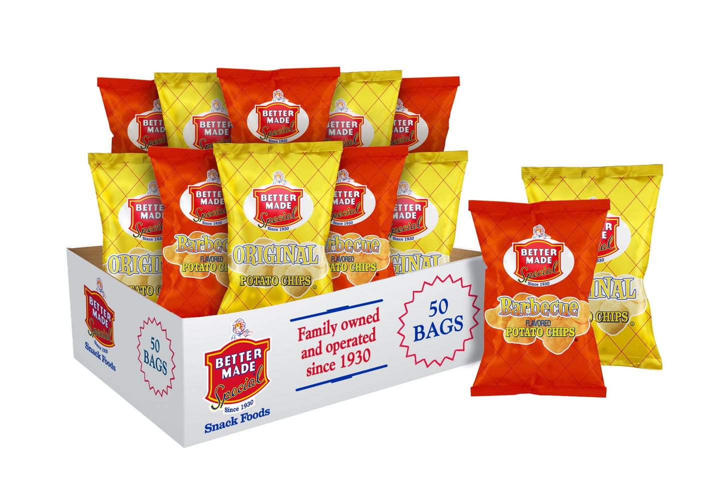 Better Made Special Original & Bbq Potato Chips Variety Pack - Case Of 50-1Oz Bags - 25 Bbq/25 Original - Crunchy, Individual Snacks Made From Fresh Potatoes