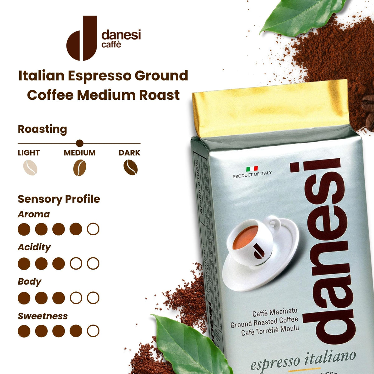 D DANESI CAFFÈ Italian Ground Coffee - Fine Medium Roast Espresso - 8.75 oz (Pack of 4) - Grey