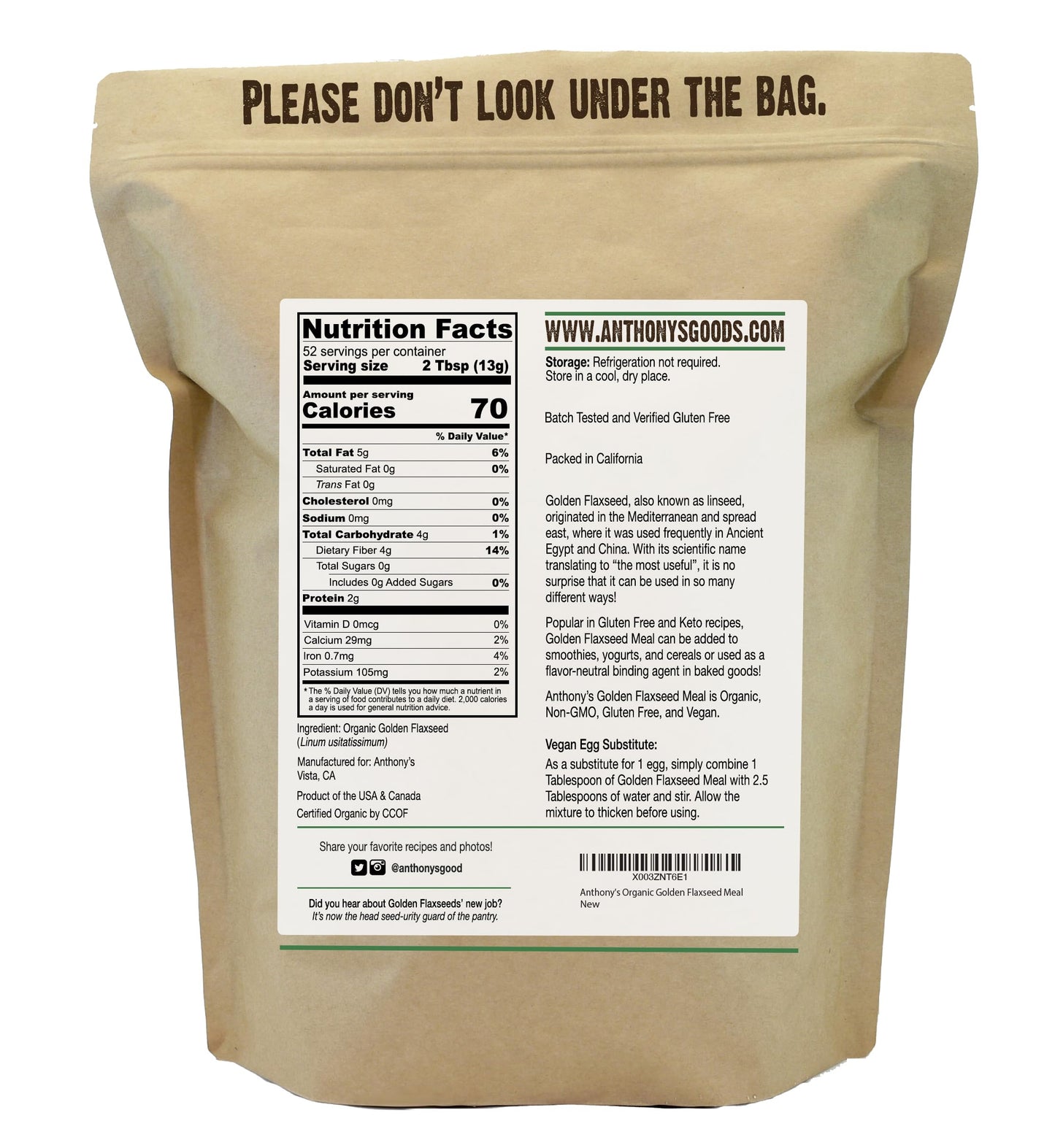 Anthonys Organic Golden Flaxseed Meal  1.5 lb  Gluten Free  Non-GMO  Vegan