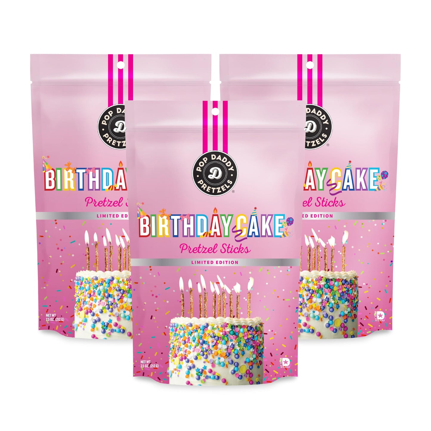 POP DADDY Gourmet Pretzel Sticks, Birthday Cake Flavor, 7.5oz Individual Bags, 3 Pack