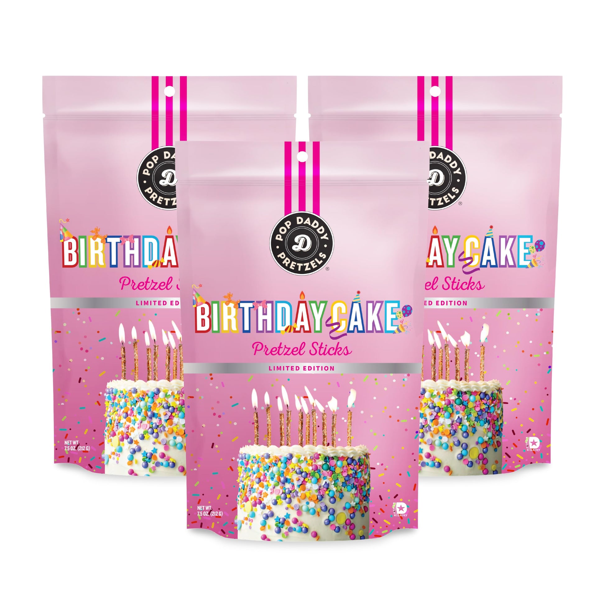 POP DADDY Gourmet Pretzel Sticks, Birthday Cake Flavor, 7.5oz Individual Bags, 3 Pack