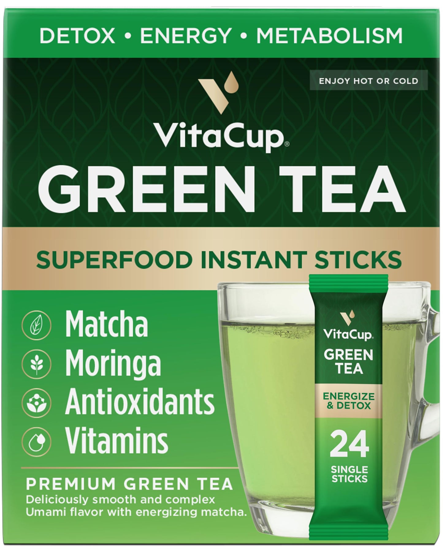 VitaCup Green Tea Instant Packets - Matcha, Moringa, B Vitamins, 24 Count