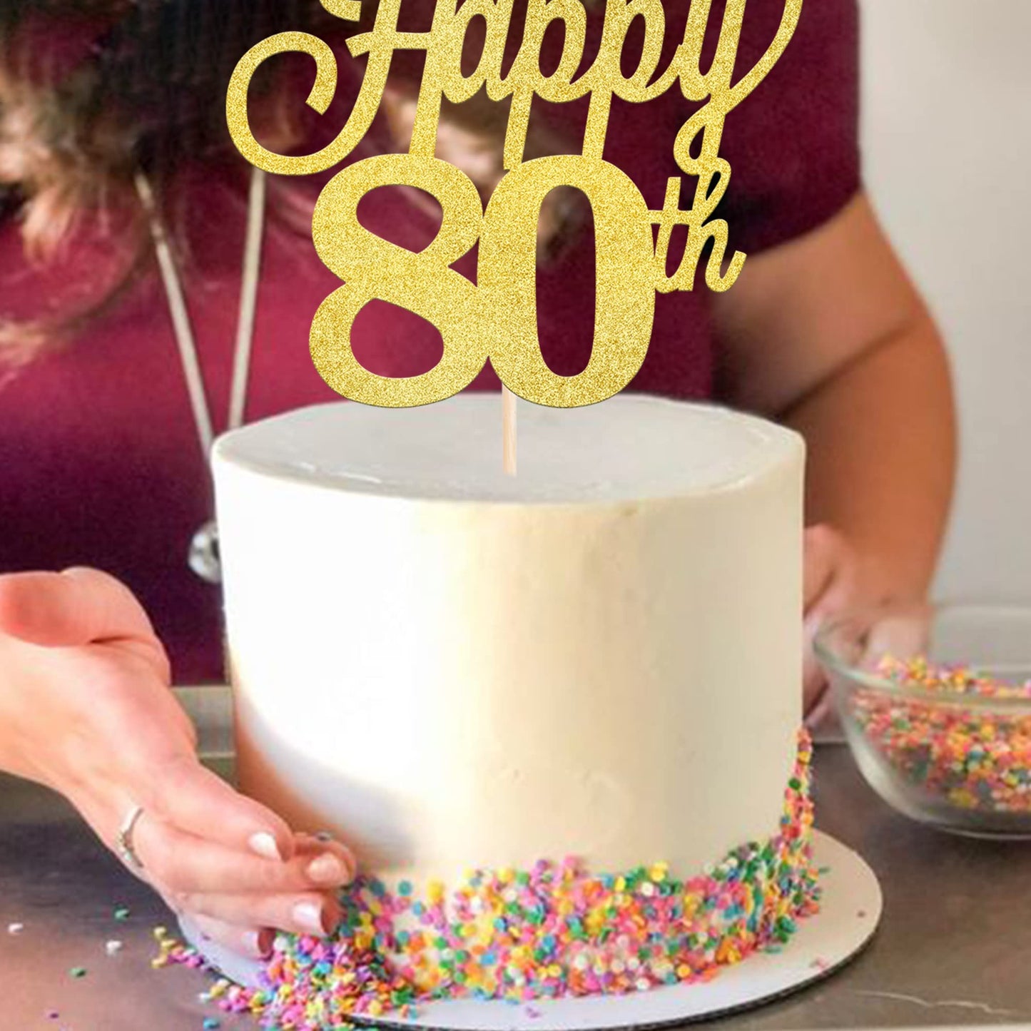 YCTHUNFISH 80th Birthday Cake Topper, Black Glitter Number 80, Bamboo Material, Gold Color, Party Decorations