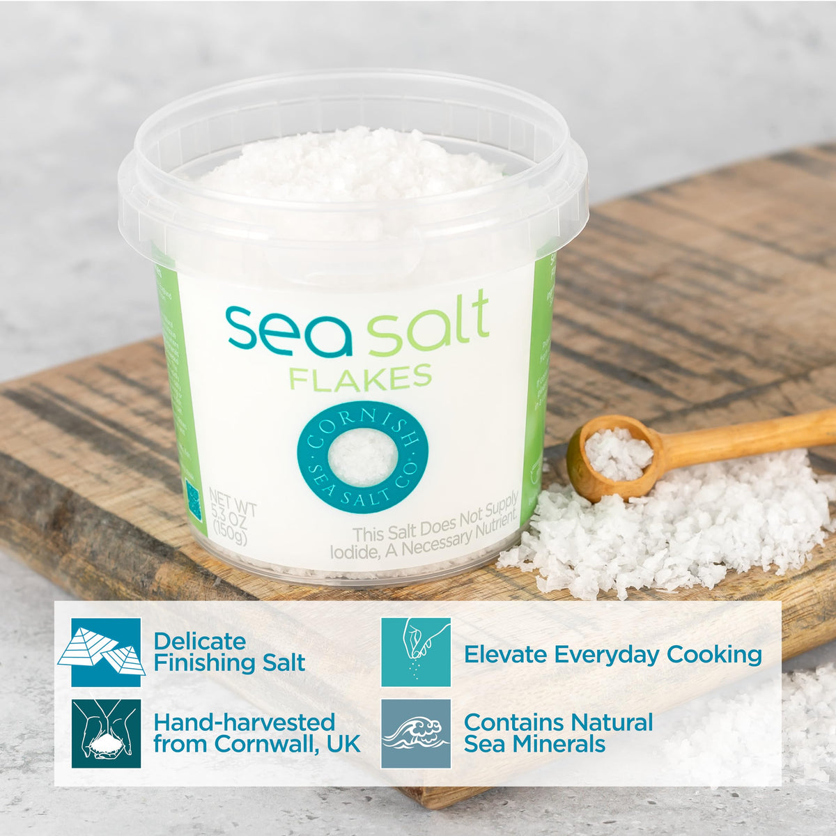 Cornish Sea Salt Mineral Flakes | Cooking & Hydration | Hand-Harvested in Celtic Waters | 5.3 oz Resealable Tub (Pack of 1)