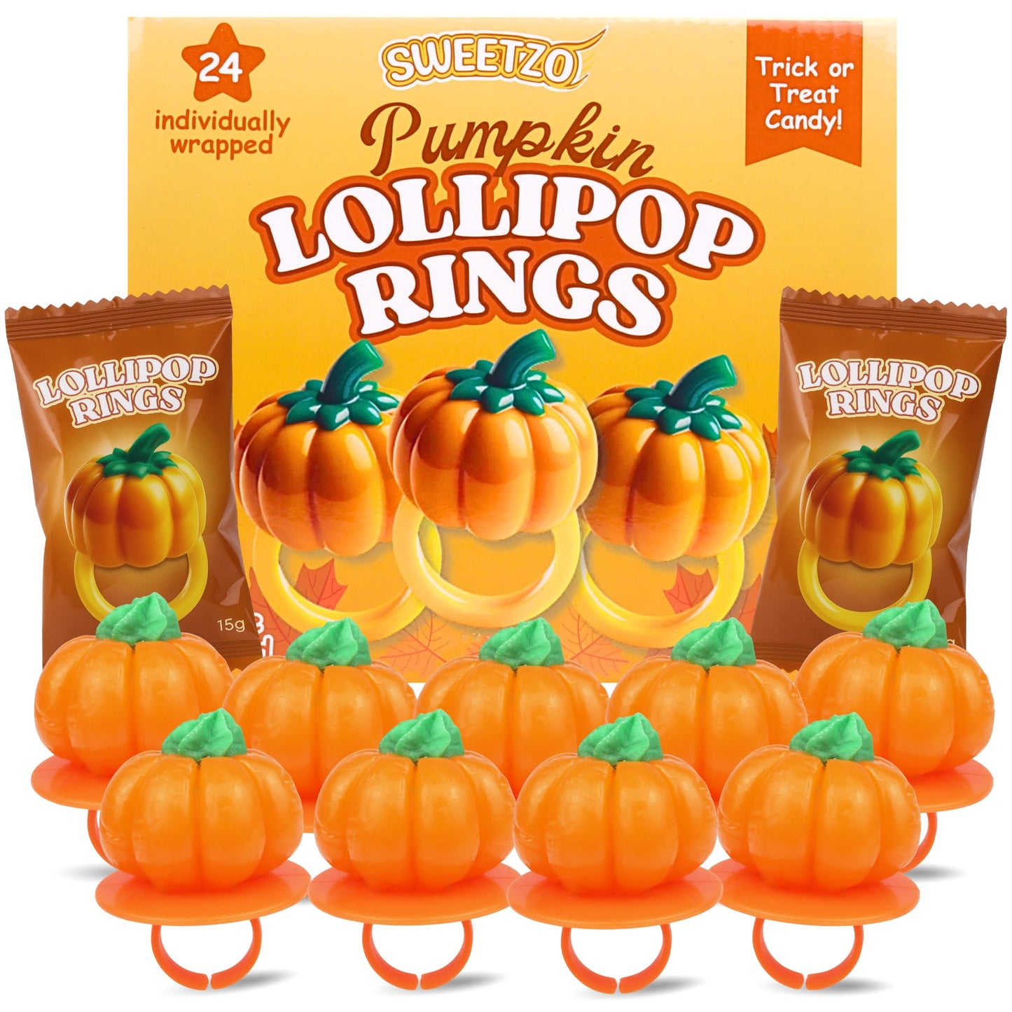 Sweetzo Pumpkin Lollipop Rings - Orange-Flavored Halloween Candy, 24 Count, Individually Wrapped for Parties and Goodie Bags