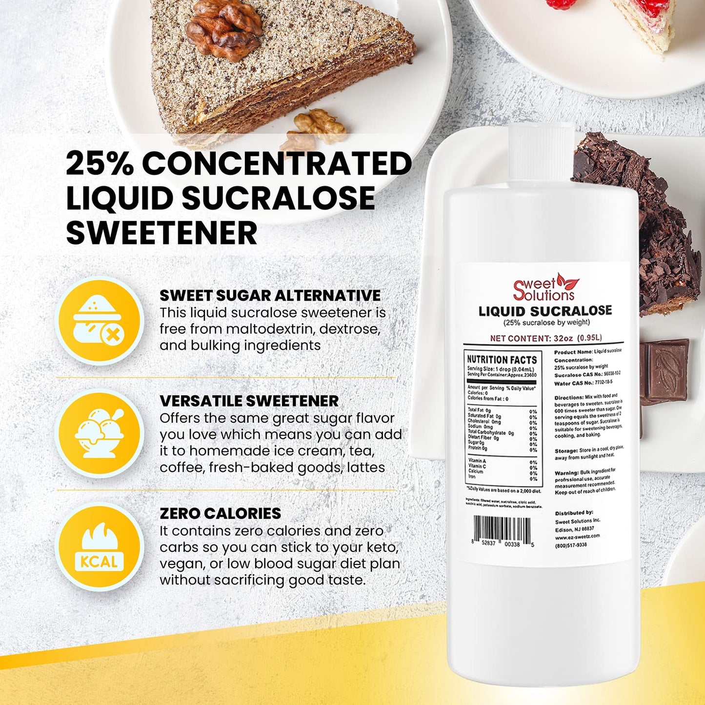 EZ-Sweetz Concentrated Liquid Sucralose Sweetener, 25% Sugar Alternative, 32 oz. Bulk, Zero Calories, No Carbs, 2-Pack