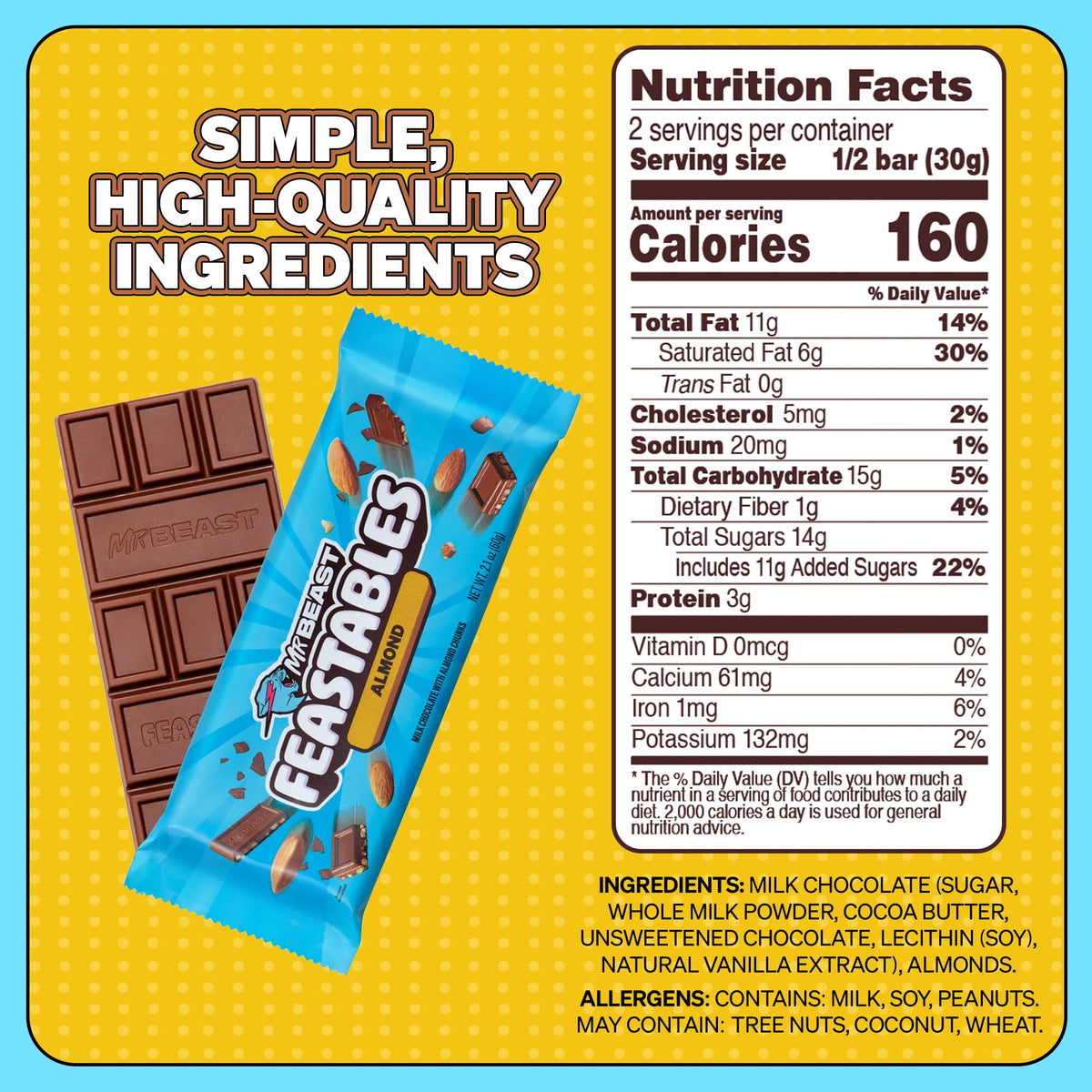 Feastables Almond Milk Chocolate King Size Chocolate Bar, 2.1Oz (60G), 10 Count