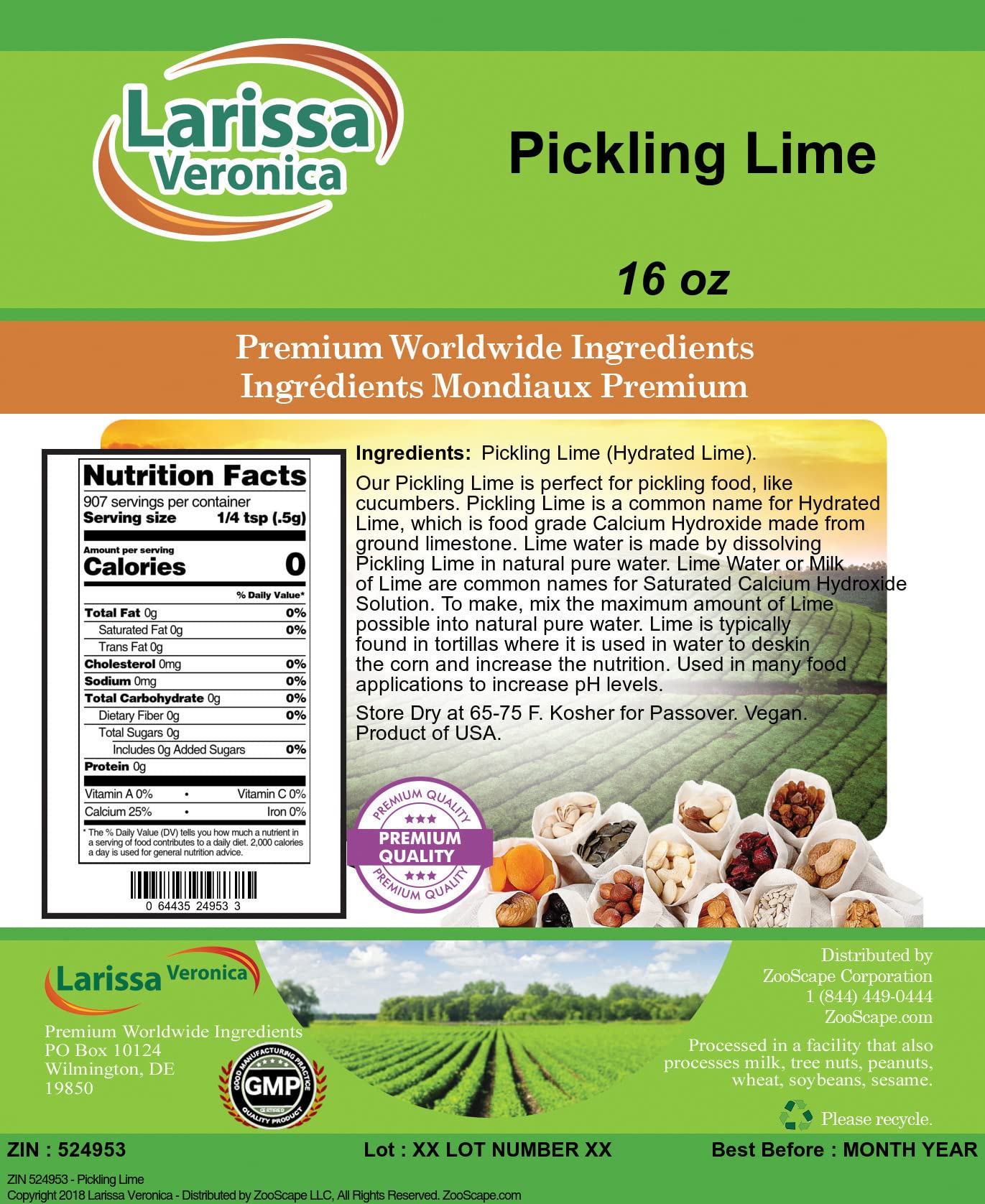 Larissa Veronica Pickling Lime - 16 oz, 1 Pound (Pack of 1)