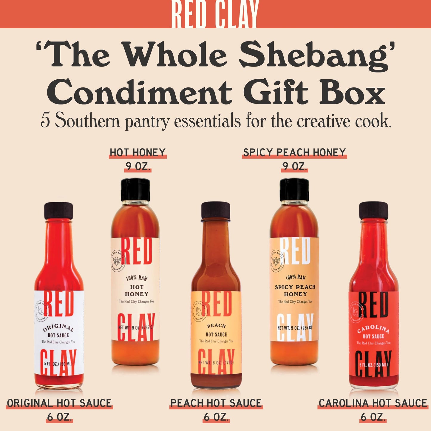 Red Clay Hot Sauce Whole Shebang Variety Pack - 5 Piece Assortment of Original, Carolina Hot, Verde, Hot Honey & Southern Honey