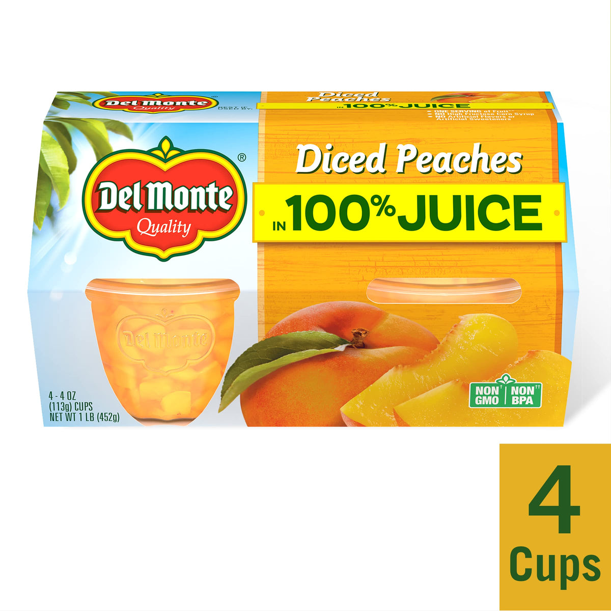 Del Monte Diced Peaches in 100% Juice, 4oz (4 Cups) Fruit Cup Snacks