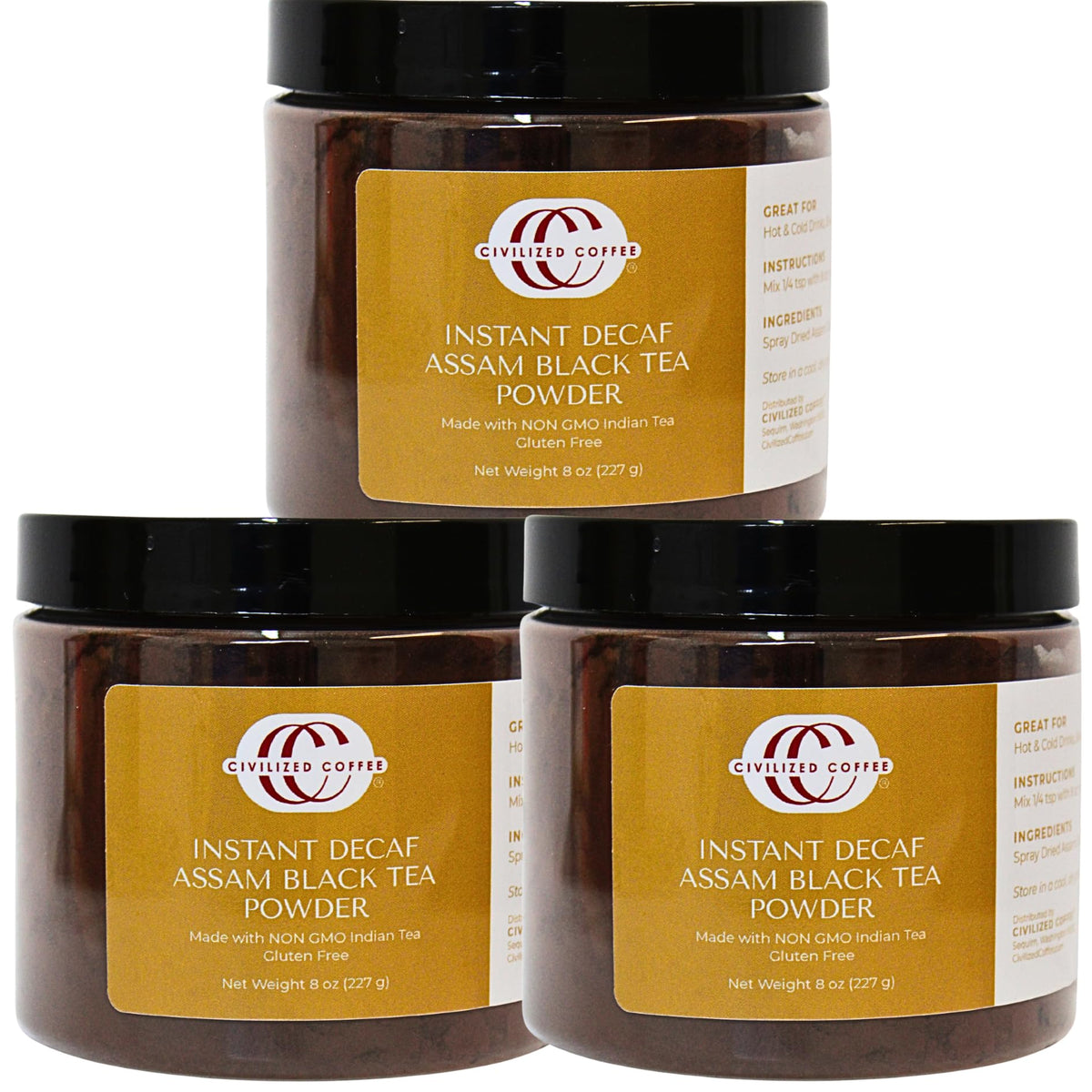 CIVILIZED COFFEE Decaf Instant Assam Black Tea Powder, 8 oz Jars, Pack of 3