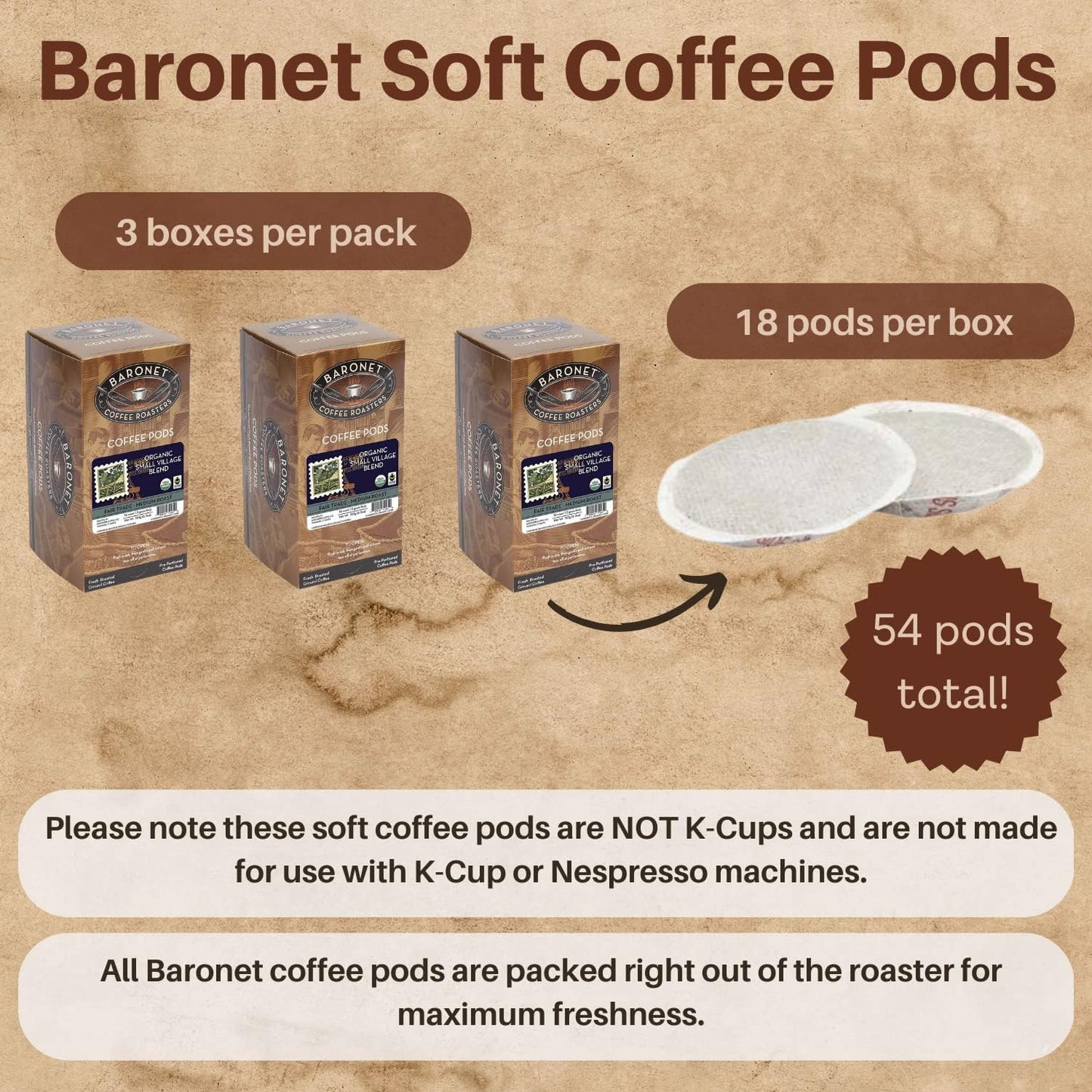 Baronet Coffee Pods, Organic Fair Trade, Medium Roast, 54 Count, Single Serve Cups