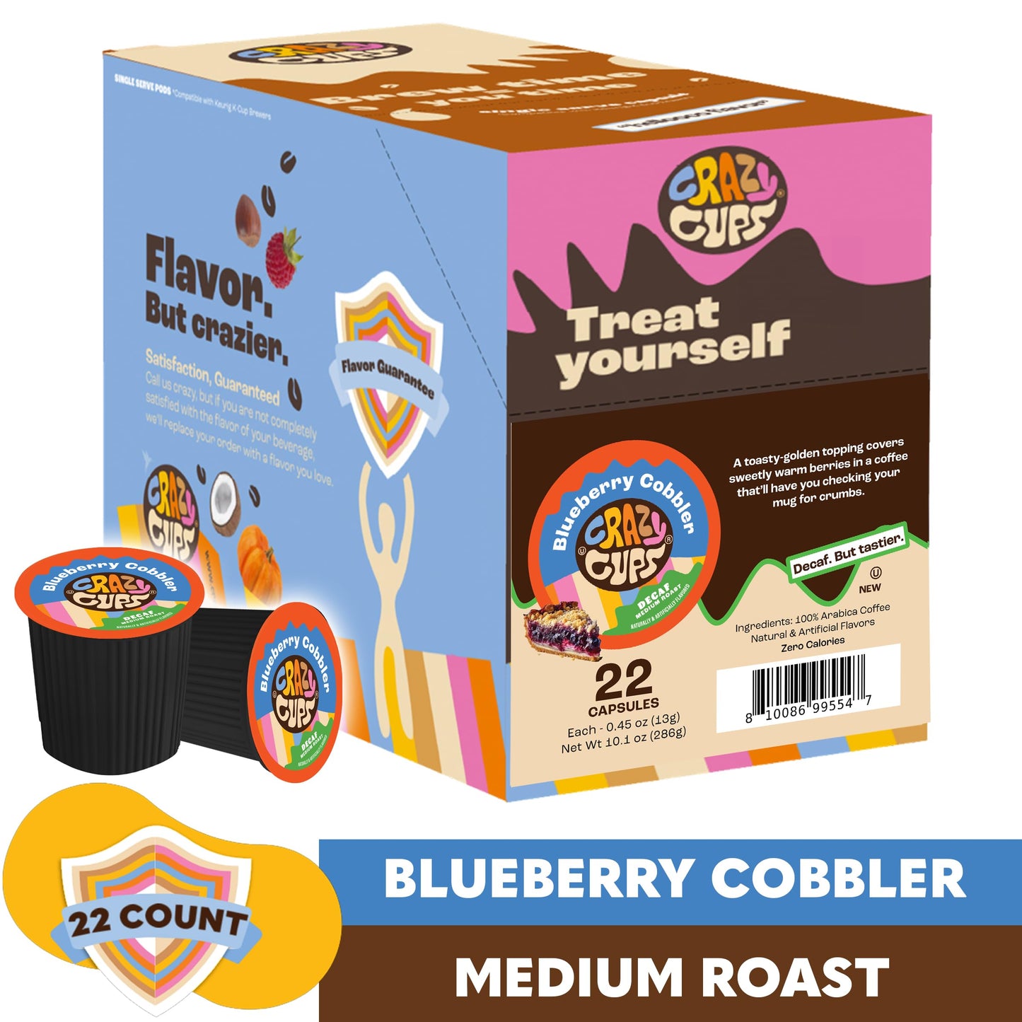 Crazy Cups Decaf Flavored Coffee Pods, Blueberry Cobbler, 22 Count, Compatible with Keurig K-Cup Machines