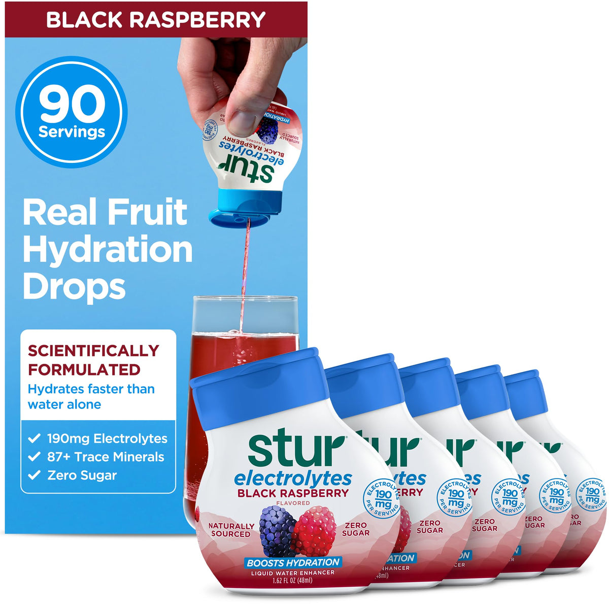 Stur Electrolyte Water Enhancer, Sugar Free, Sweetened with Stevia, Pack of 5 Bottles, Black Raspberry, Makes 90 Drinks, Vegan, Keto