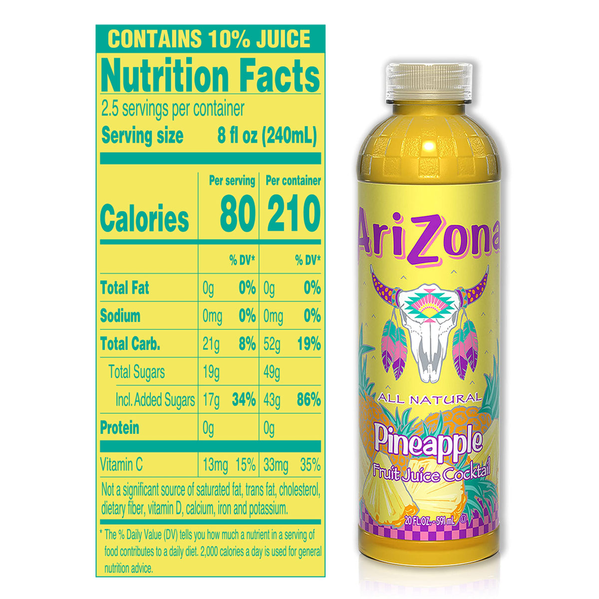 AriZona Pineapple Juice Drink, 20 Fl Oz, Pack of 24, Refreshing Beverage