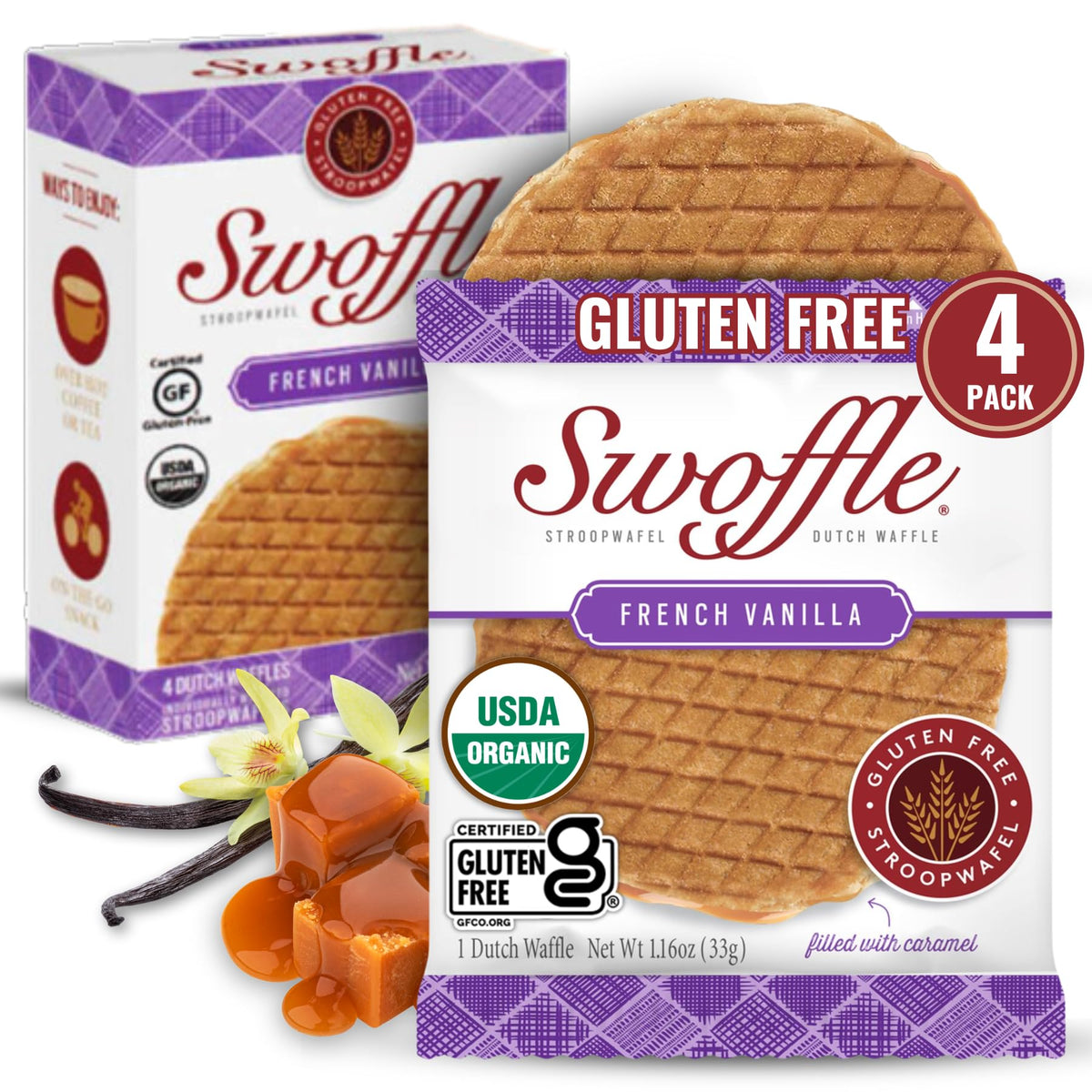 Gluten Free Organic Stroopwafels by Swoffle - French Vanilla | (4) 1.16oz Wafers | non-GMO, Wheat Free, Kosher, Soy Free, Nut Fr