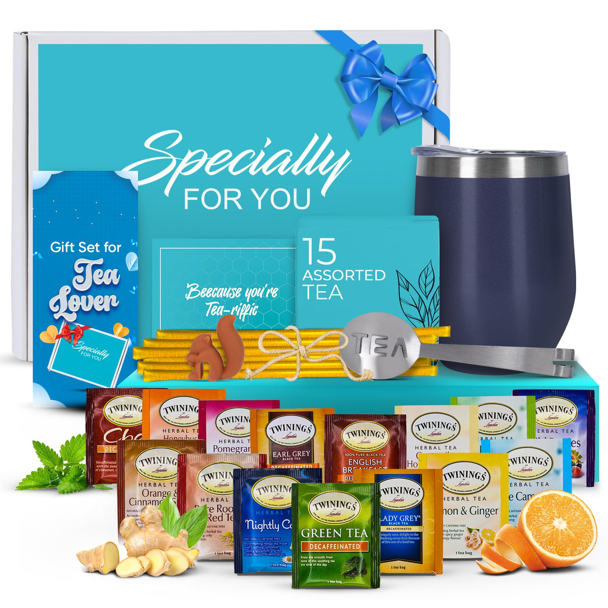 Mothers Day Gifts for Mom Tea Gift Sets for Tea Lovers Women and Men Tumbler 15 Unique Teas 10 Honey Straws (Decaffeinated)