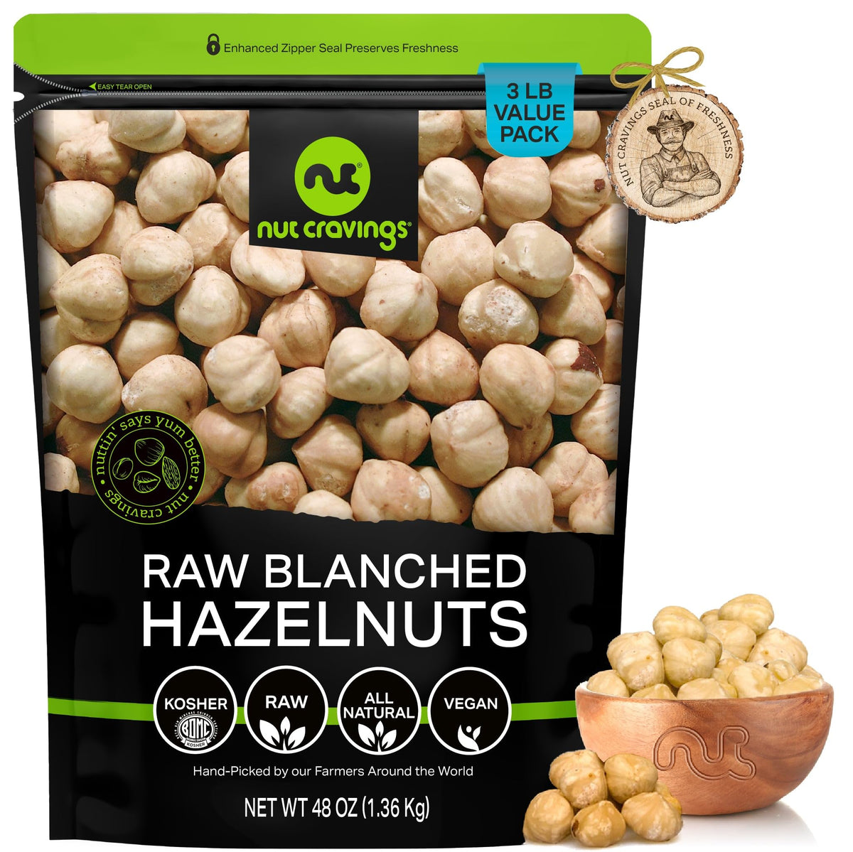 NUT CRAVINGS - Raw Blanched Hazelnuts Filberts - Unsalted, Shelled, (48oz - 3 LB) Bulk Nuts Packed Fresh in Resealable Bag - Kos