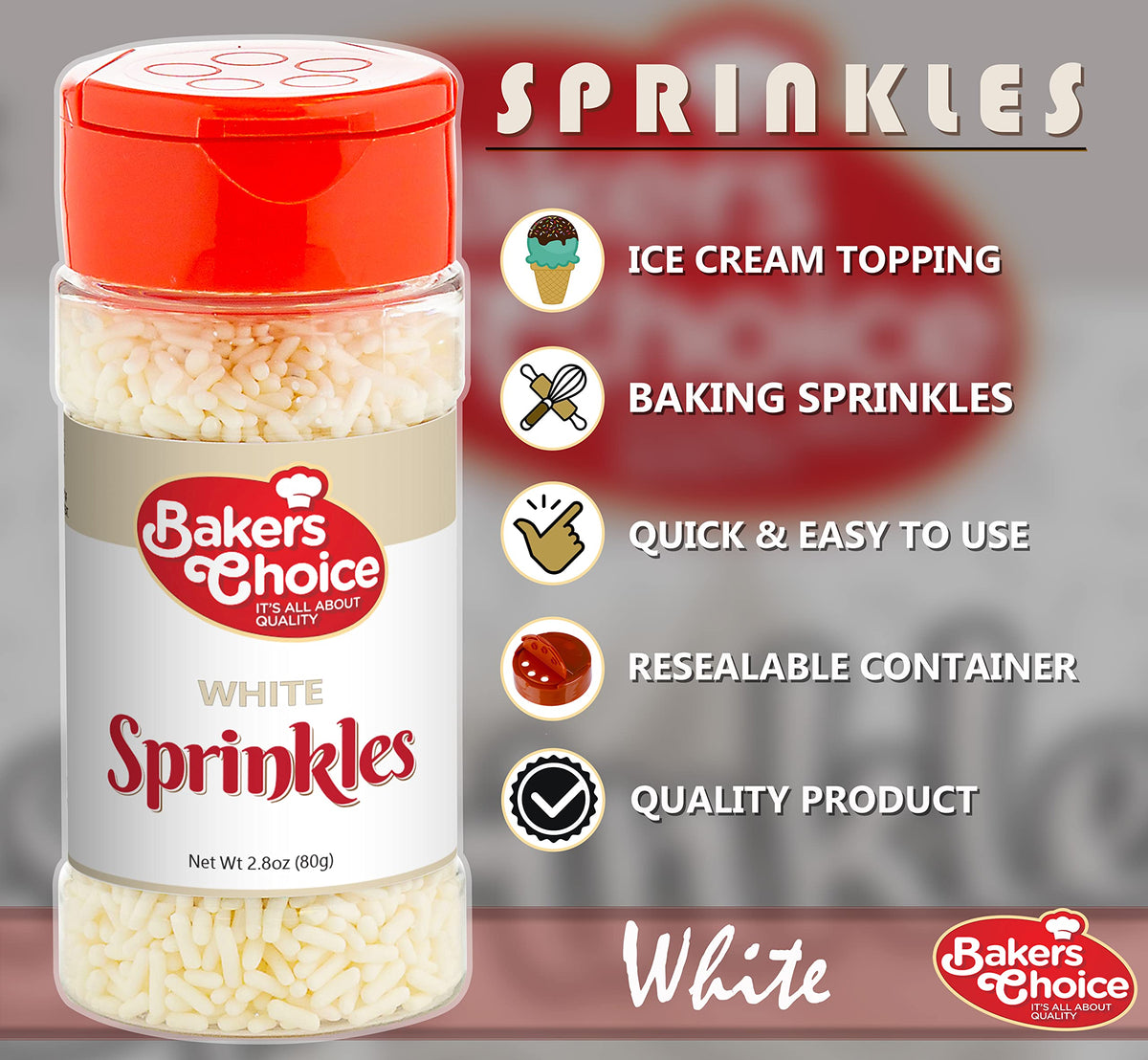 Bakers Choice White Jimmies Sprinkles - Dairy Free, Kosher, 2.8 oz.