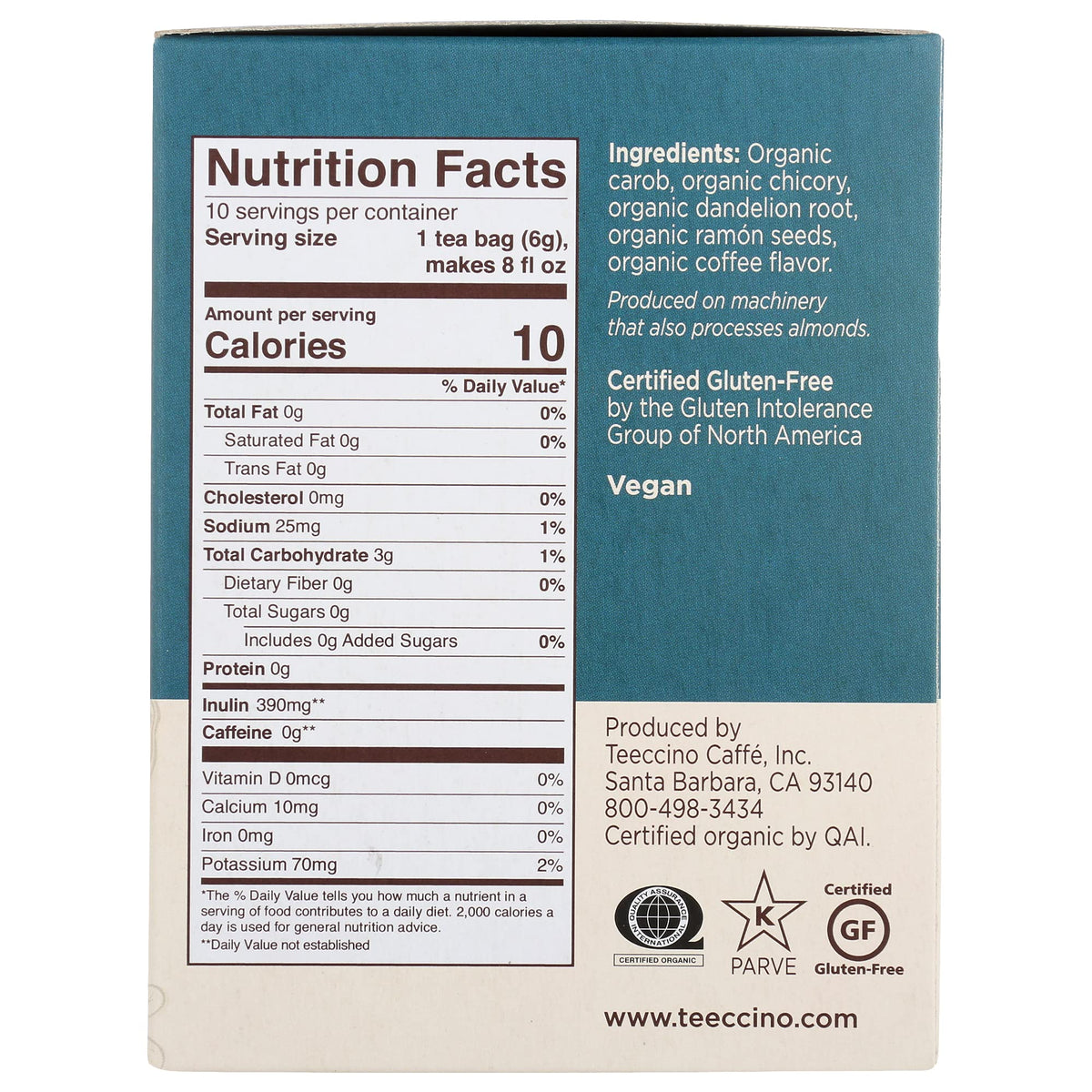 Teeccino Dandelion Dark Roast Herbal Tea - Caffeine Free, Organic, 10 Count