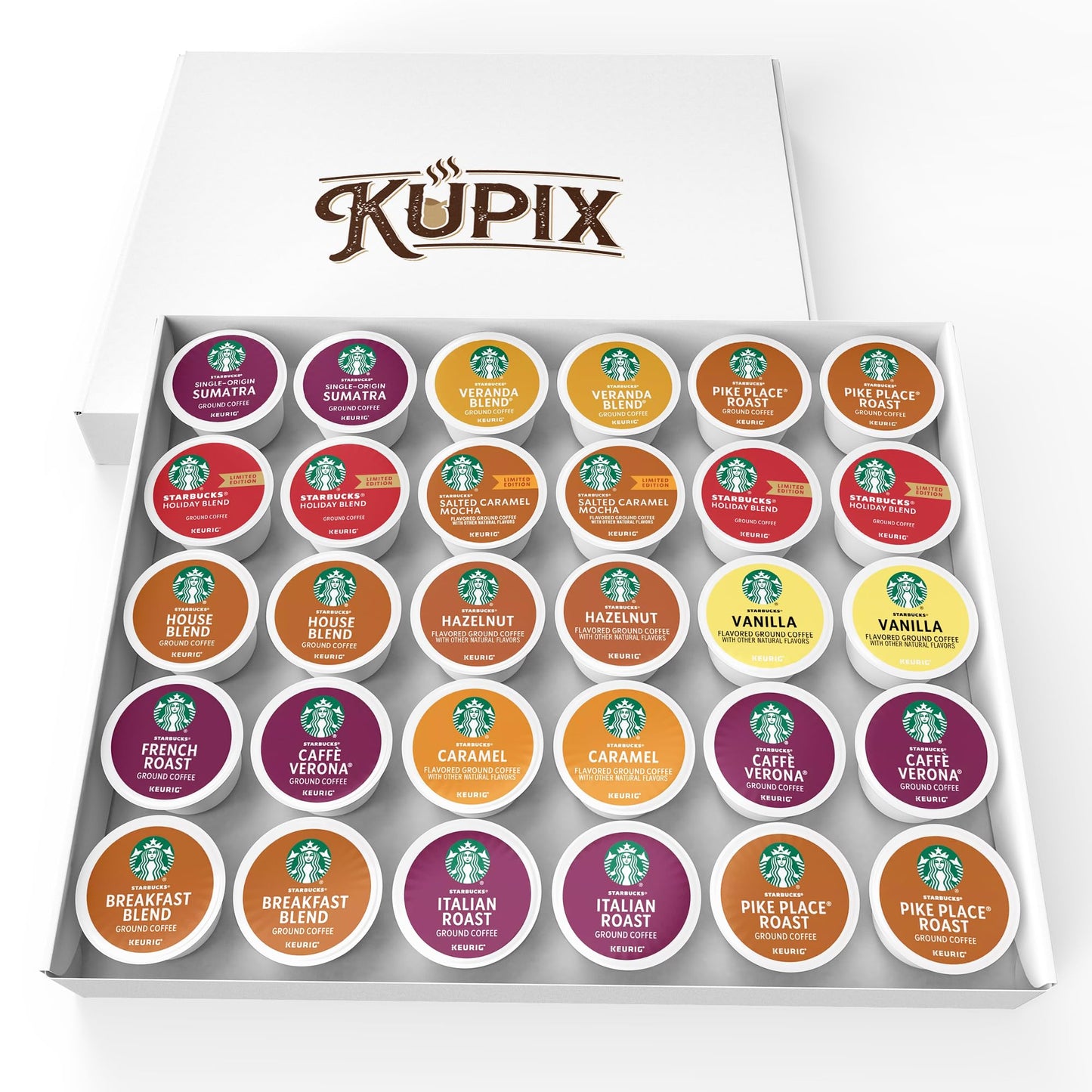 KUPIX Starbucks Variety Pack K-Cup Coffee Pods, 30 Count, 15 Unique Flavors for Keurig malt-inspired