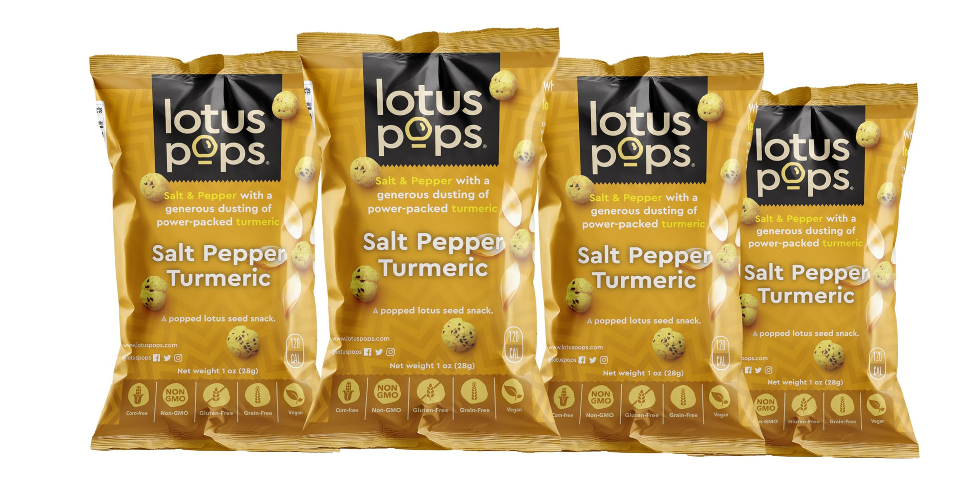 Lotus Pops - Popped Lotus (Water Lily) Seed Snacks  Low Calorie Gluten Free And Vegan Snacks | Plant Protein | Roasted Not-Fried | Paleo | Grainfree | Nongmo Certified | (Salt Pepper Turmeric 4 1Oz Packs)