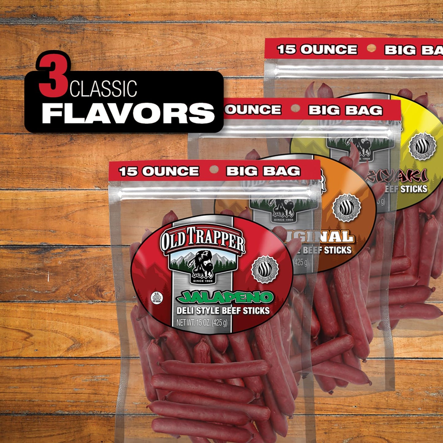 Old Trapper Beef Sticks, Jalapeño Flavor, 15 Ounce, Spicy, Pack of 1, Model 33215T