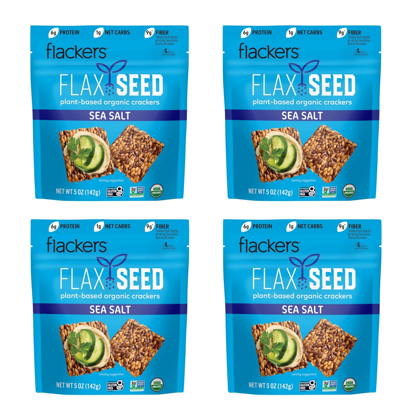 Flackers Organic Sea Salt Flaxseed Crackers, Gluten Free, Vegan, Keto Snack, 5 oz, 4-Pack