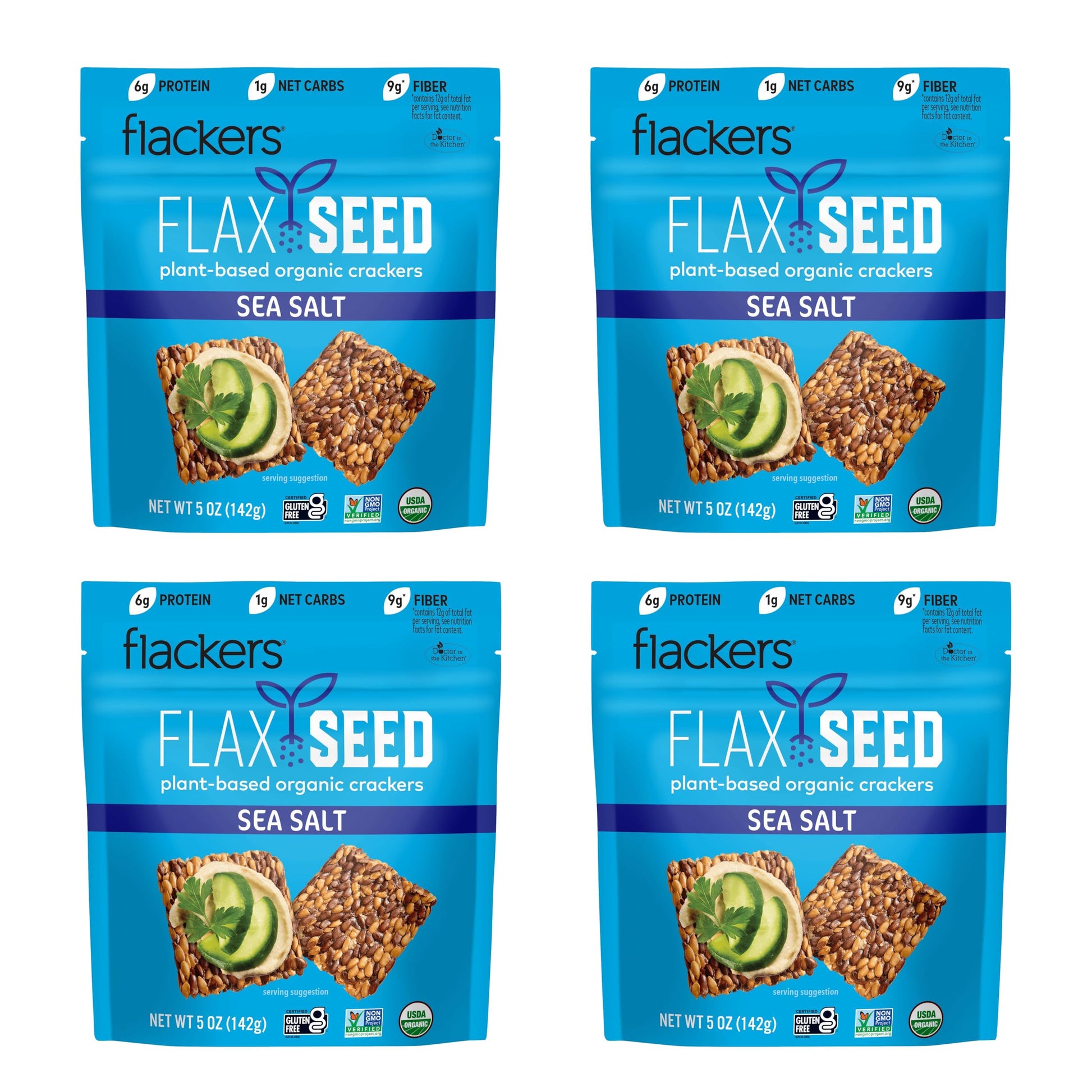 Flackers Organic Sea Salt Flaxseed Crackers, Gluten Free, Vegan, Keto Snack, 5 oz, 4-Pack
