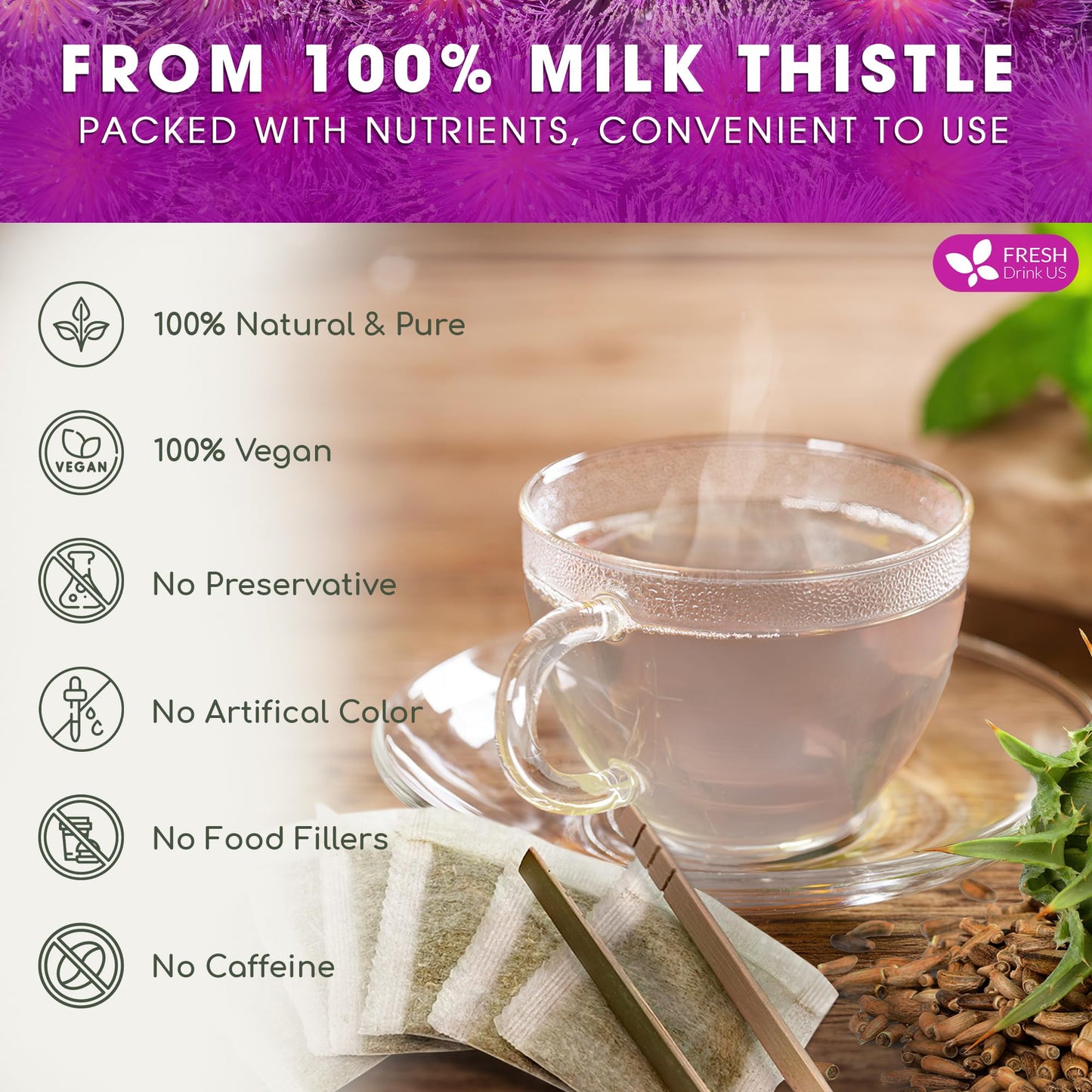 Freshdrinkus, Enhanced 135 Milk Thistle Tea Bags, 100% Natural & Pure From Milk Thistle Seeds. Milk Thistle Seed Herbal Tea. Made With Natural Material Tea Bags. No Sugar, No Caffeine, No Gluten, Vegan.