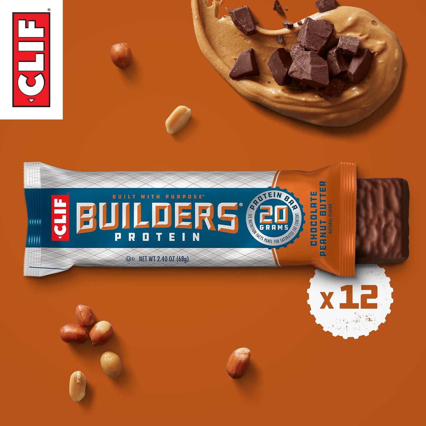 Clif Builders Protein Bars - Chocolate Peanut Butter Flavor - 20G Plant Based Protein - Gluten Free - Non-Gmo - Low Glycemic - No Artificial Sweeteners - Value Pack, 2.4 Oz. (12 Count)