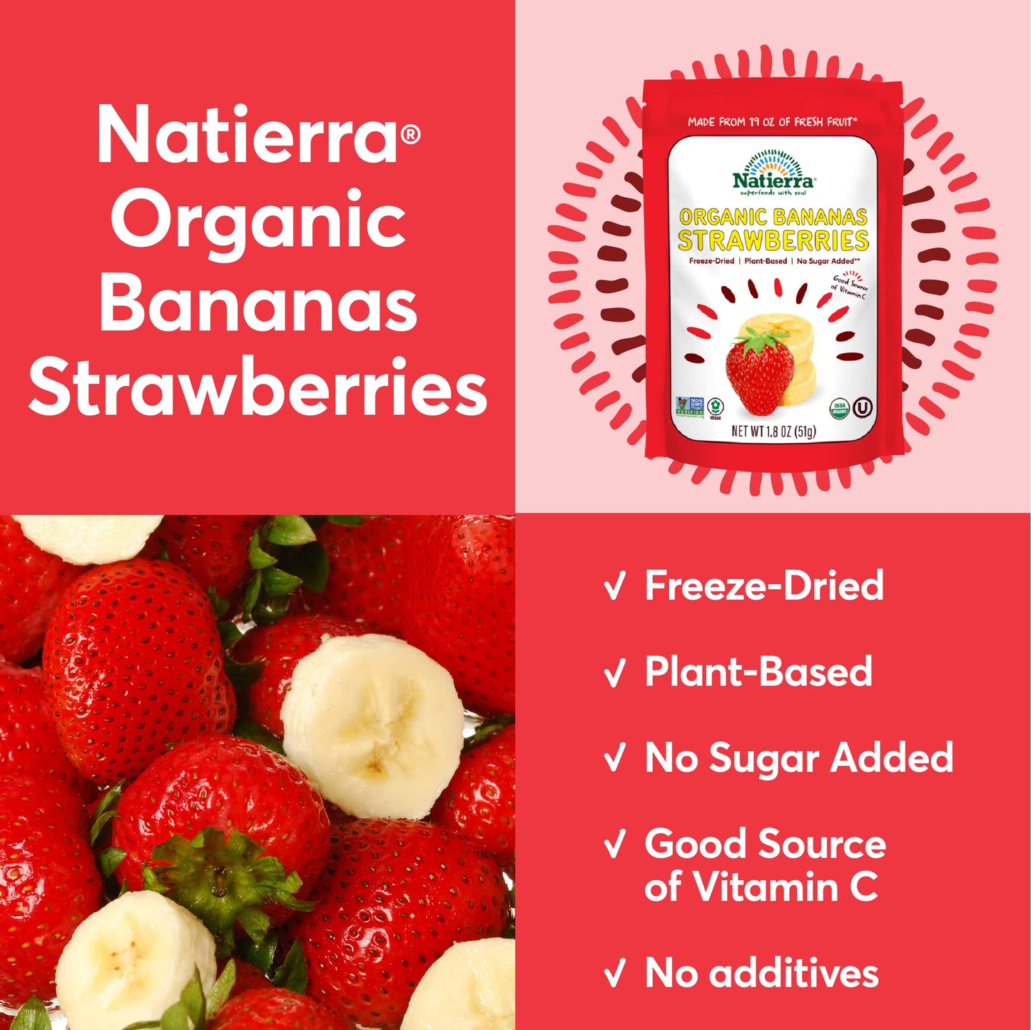 Natierra Nature'S All Foods Organic Freeze-Dried Bananas + Strawberries, Usda Certified Organic, Vegan, Non-Gmo, 1.8 Ounce (Pack Of 12)