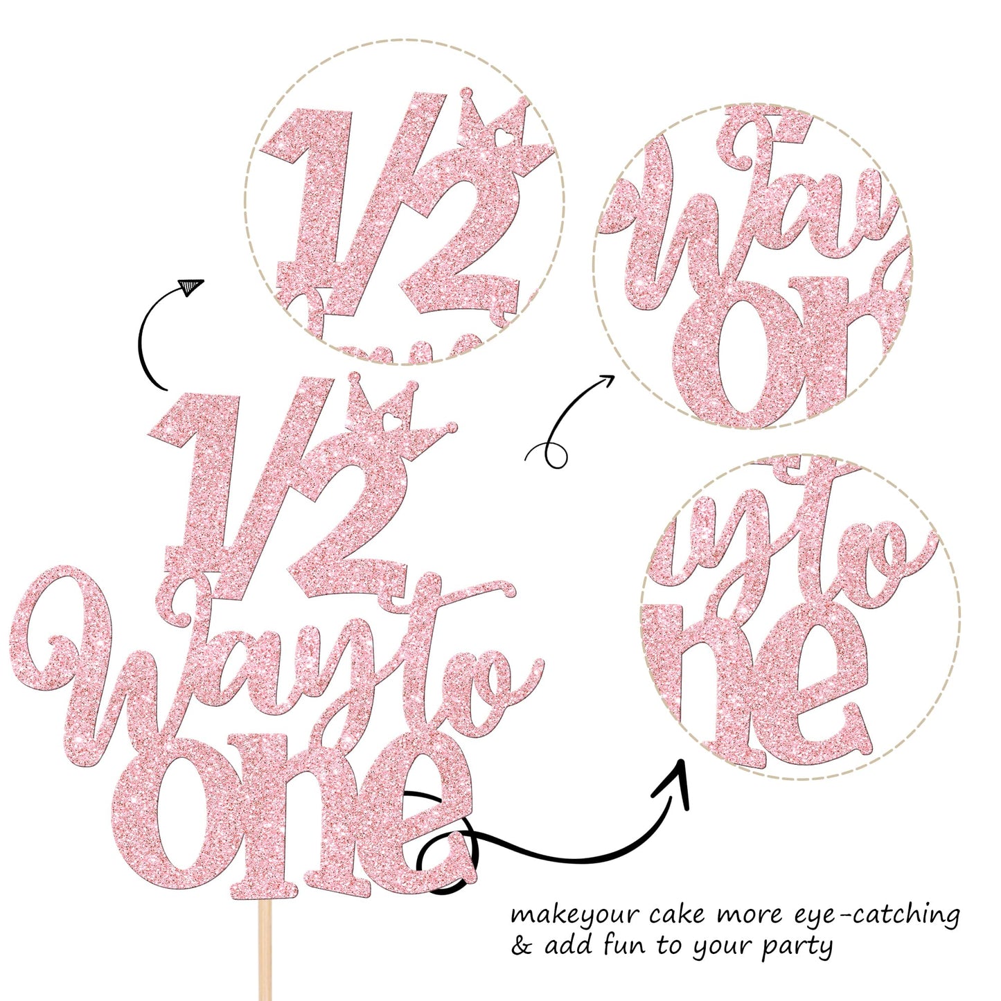Zhuoweism Half Way To One Cake Topper, 1 Pcs Light Pink Glitter Cake Pick For Happy 6 Months Birthday Party Decorations, 5.3X8.7