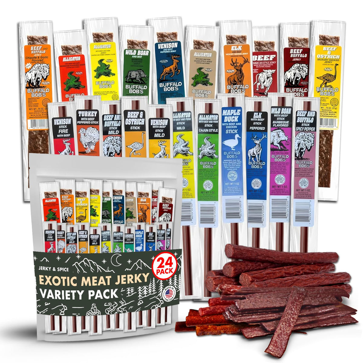 Jerky-n-Spice Buffalo Bobs Wild Game Meat Snacks, Beef Jerky Assortment, 24 Pack, 0.88 Ounce Strips & Sticks, Exotic Gift Baskets