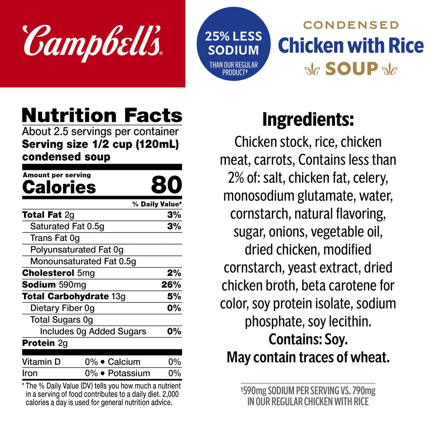 Campbells Condensed 25% Less Sodium Chicken and Rice Soup, 10.5 oz Can