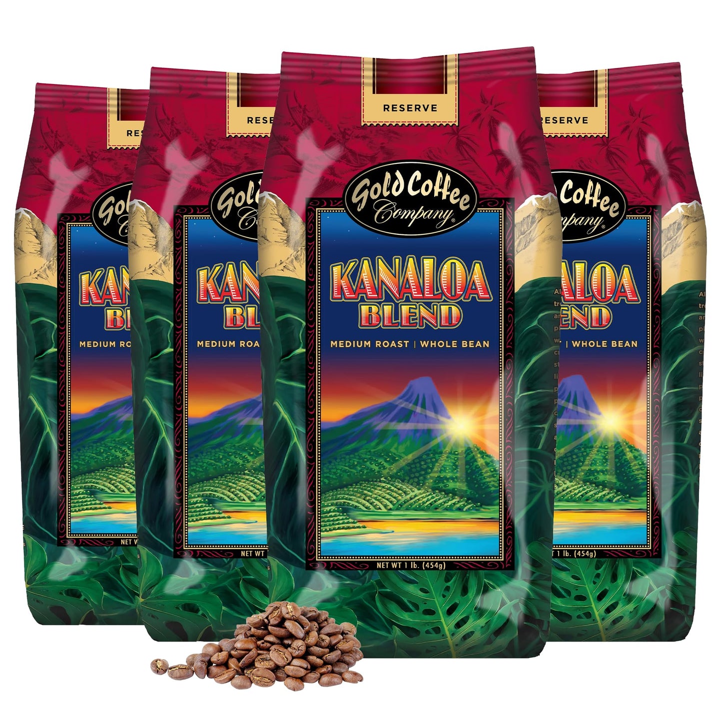 GOLD COFFEE COMPANY Kanaloa Blend Medium Roast Whole Bean Coffee Pack of 4 - 16 Ounce