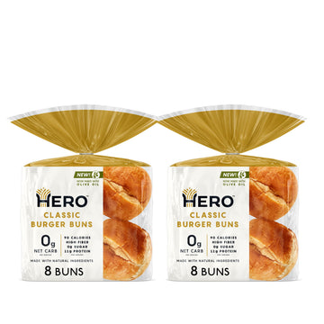 Hero Classic Hamburger Buns - Burger Buns | Net Low Carb Buns | High Fiber, 0g Net Carbs, 0g Sugar & 90 Calories Per Serving Bur