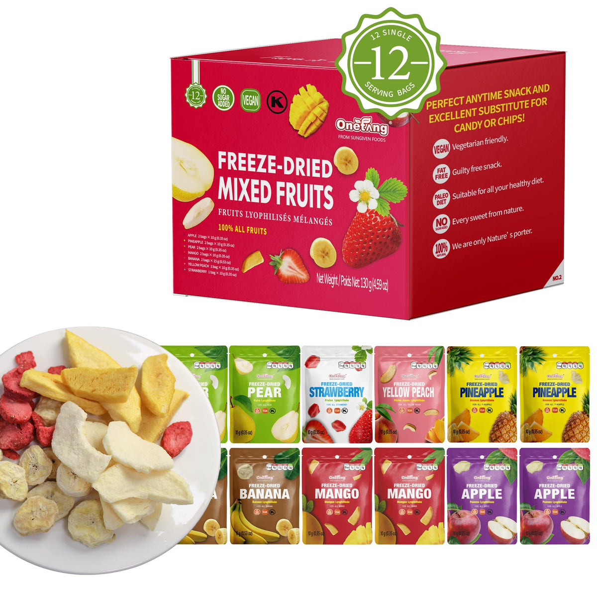ONETANG Freeze-Dried Mixed Fruit, 12 Pack Single-Serve Pack, Non GMO, Kosher, No Add Sugar, Gluten free, Vegan, Holiday Gifts, H