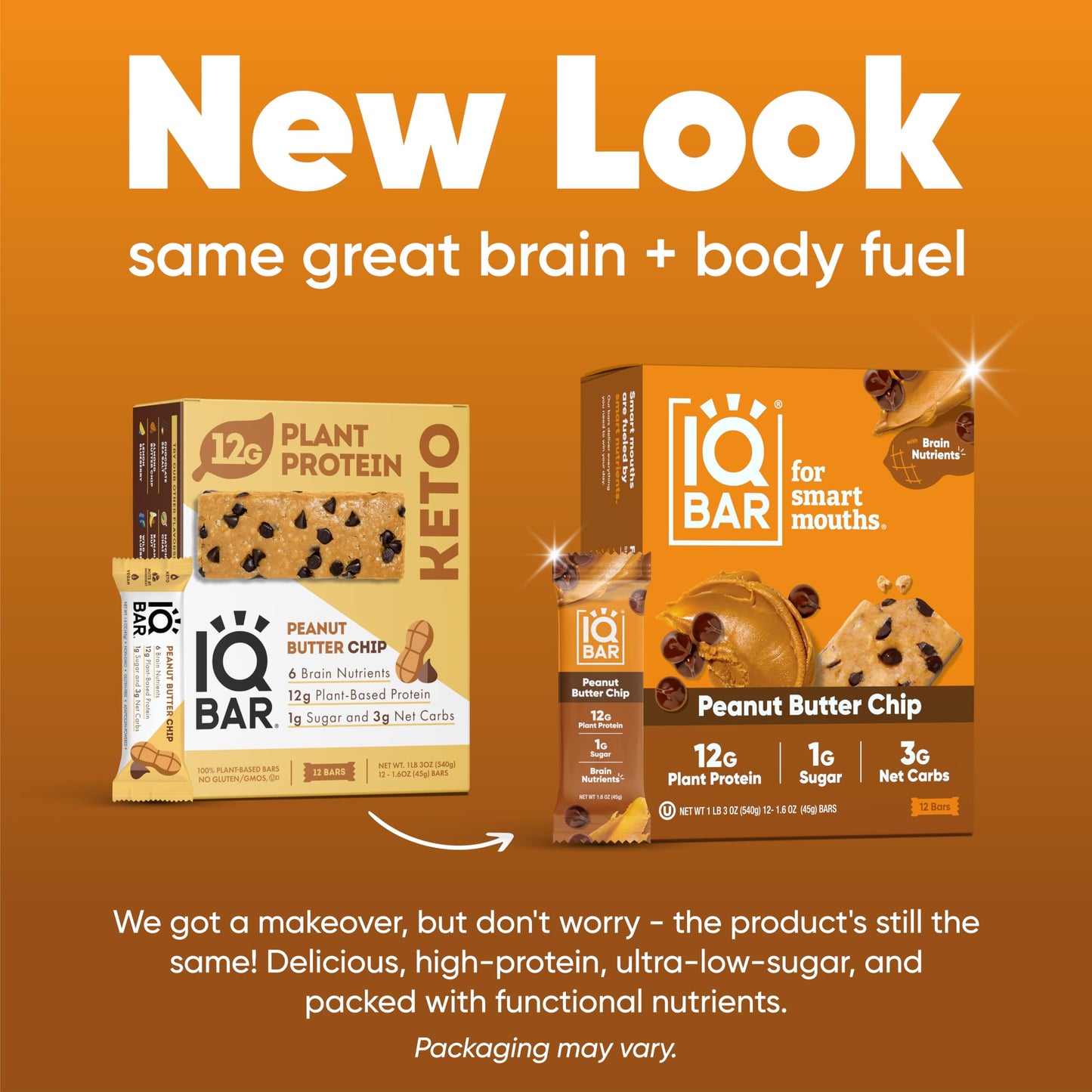 IQBAR Plant Protein Bars - Peanut Butter Chip - Gluten Free, Vegan - 12 Count (Pack of 3) - Low Carb, High Fiber, Low Sugar Snacks