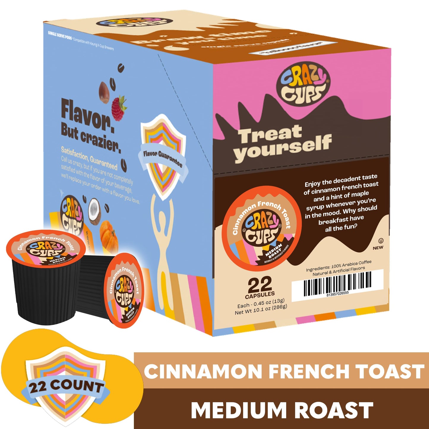 Crazy Cups Flavored Coffee Pods for Keurig, Cinnamon French Toast, 22 Count, Recyclable
