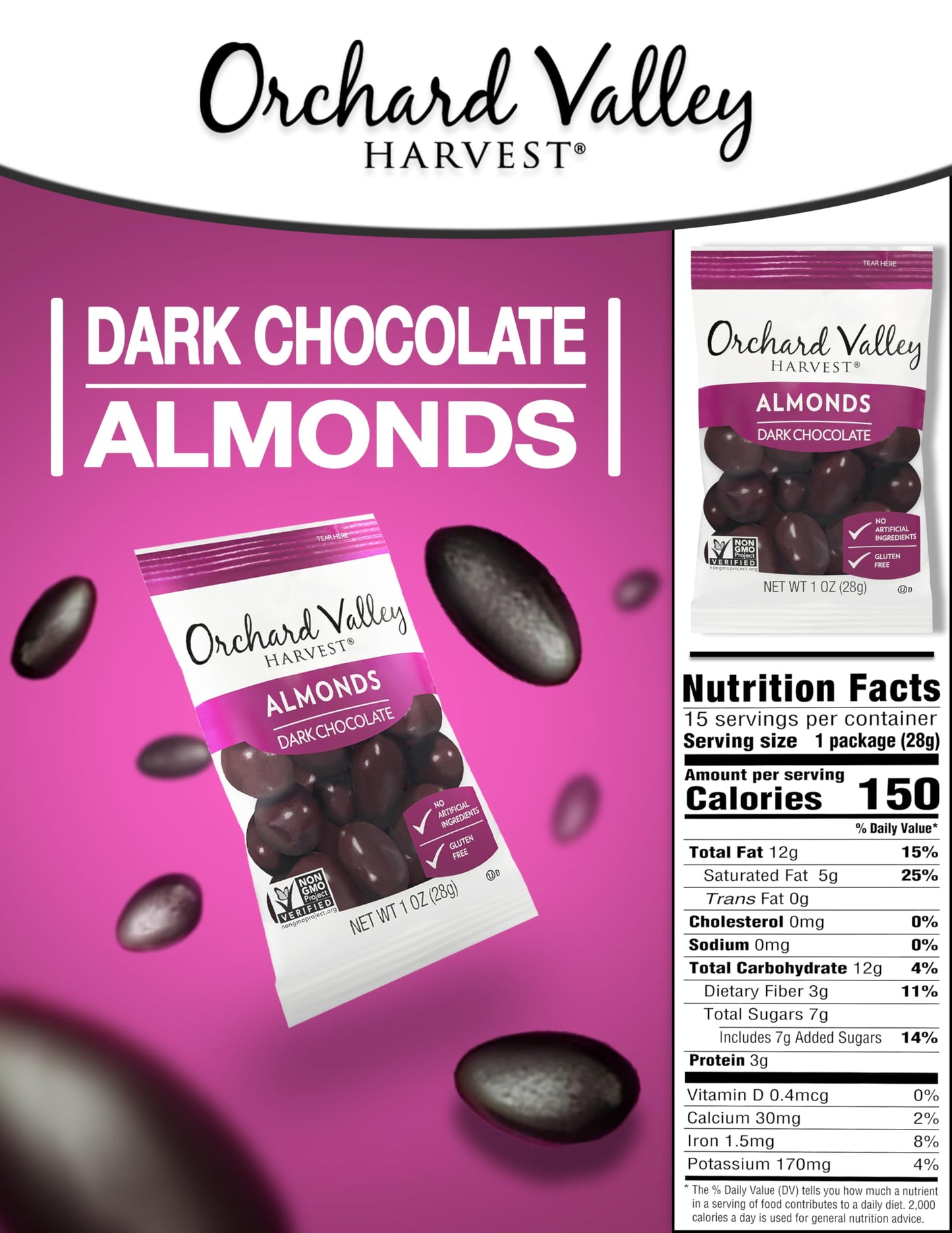 Orchard Valley Harvest Dark Chocolate Almonds, Gluten Free, Non-GMO, 1 Ounce Bags, Pack of 15, No Artificial Ingredients