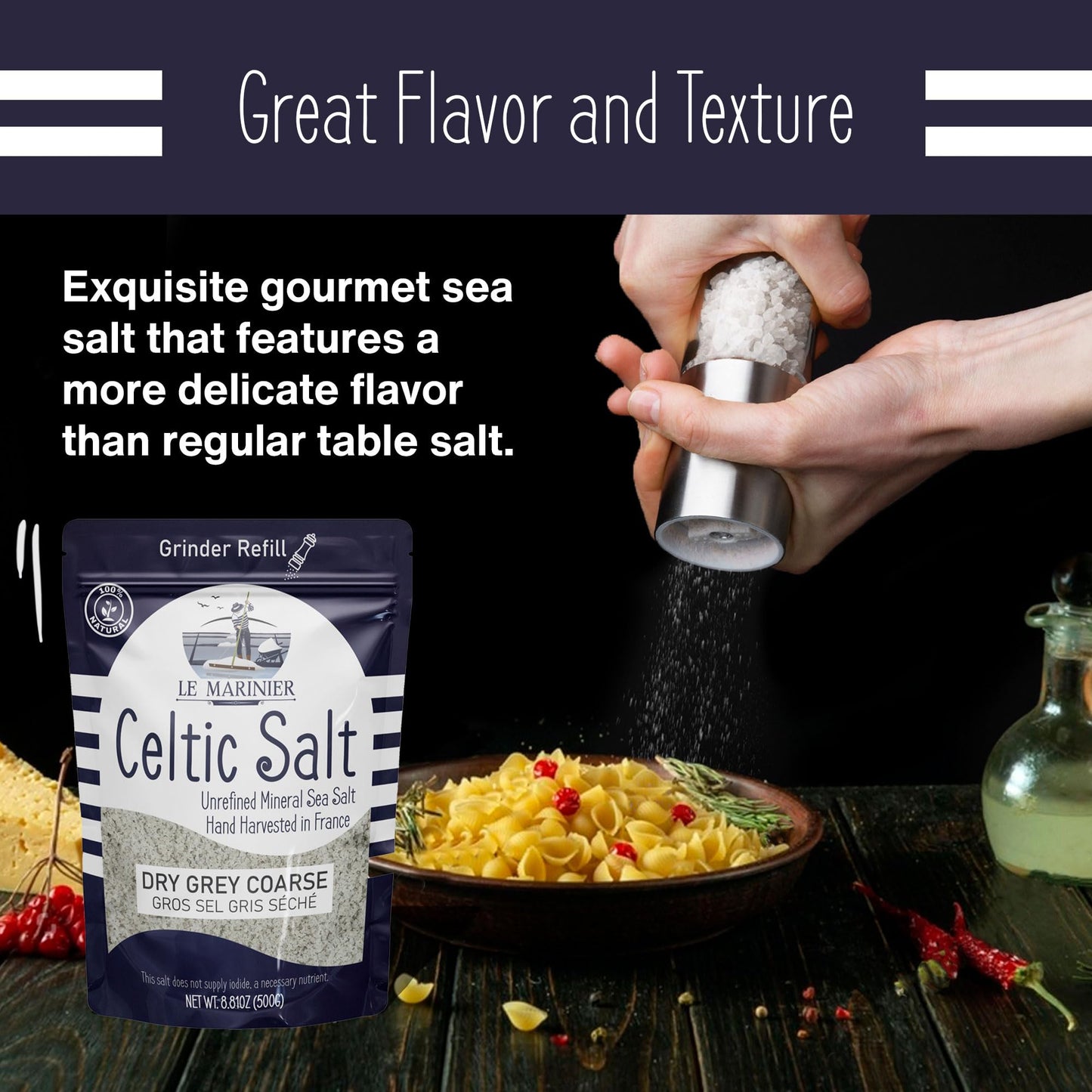 Le Marinier French Sea Salt Dry Grey Coarse, 1.1Lb – 18Oz (500G). Mineral Rich 100% Natural And Unrefined. Perfect For Grinders. Coarse Celtic Salt Organic. Hand Harvested Mineral Salt (1.1Lb Dry Grey)