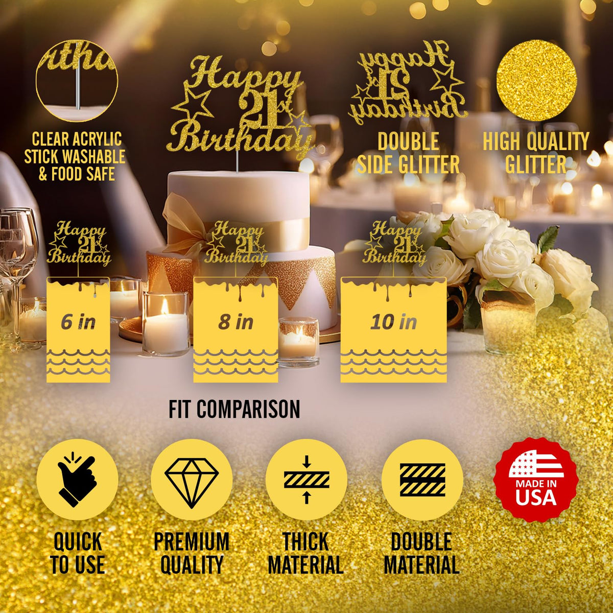 RokAPary 21 Birthday Cake Topper Gold Glitter, Acrylic, 1 Count, Sturdy Double-Sided, Made in USA