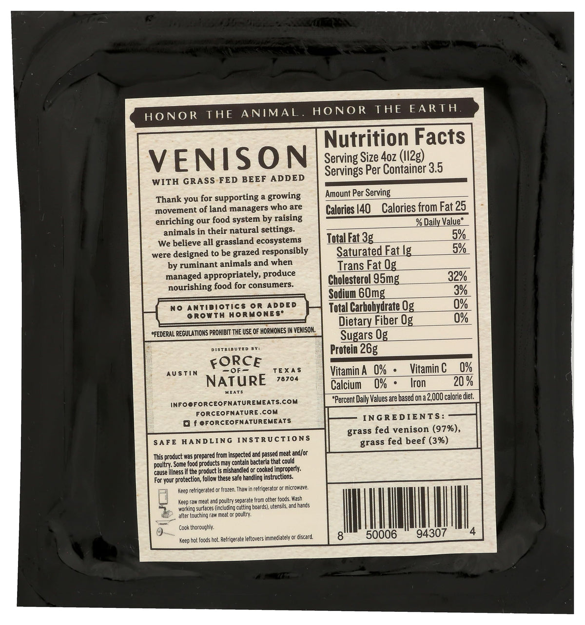 Force Of Nature Meats 100% Grass Fed, Pastured Venison Grind, 14 oz